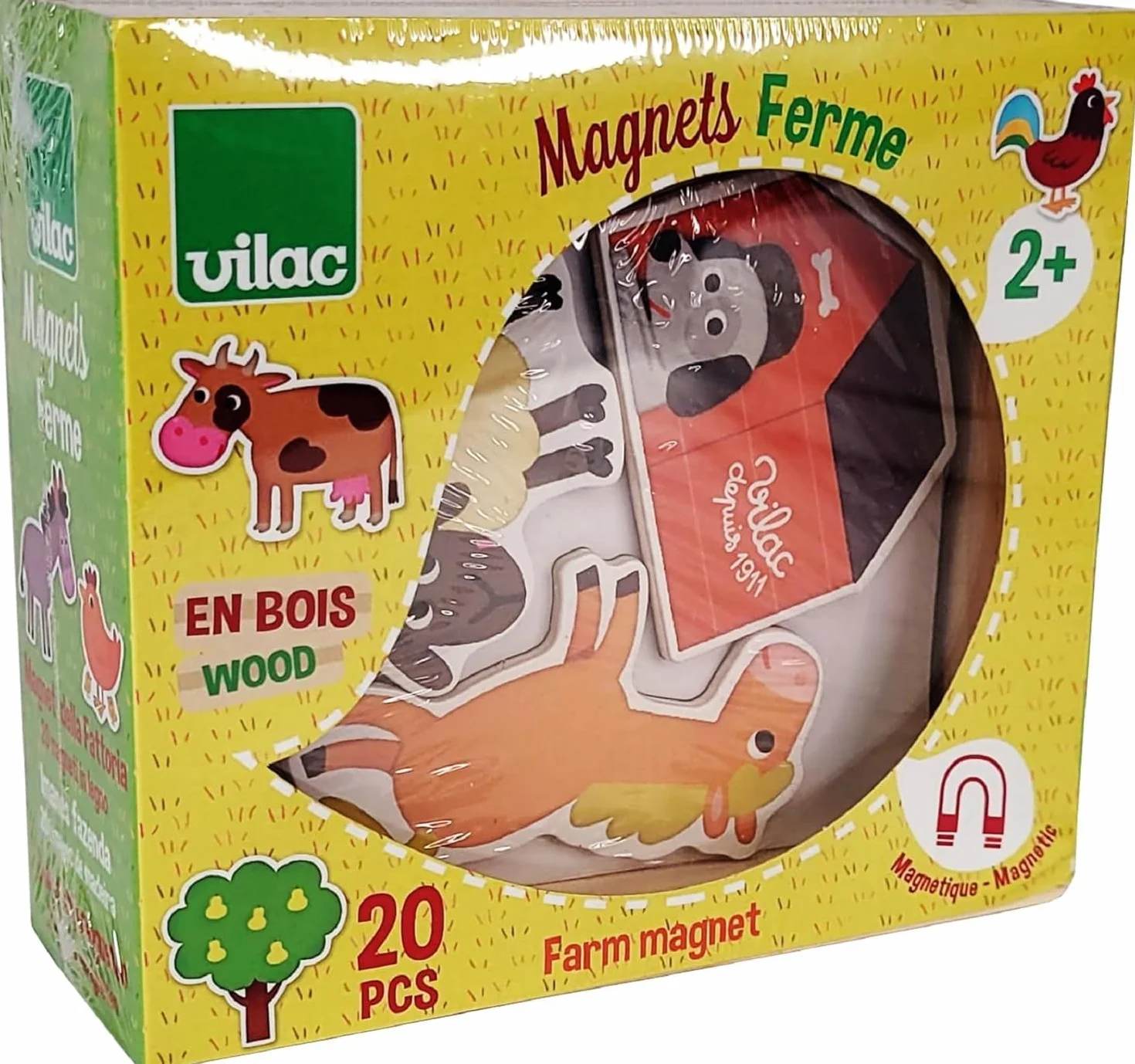Vilac Drewniane magnesy o tematyce farmy, nauka z kolorowymi magnesami, zestaw 20-częściowy, 2 lata +