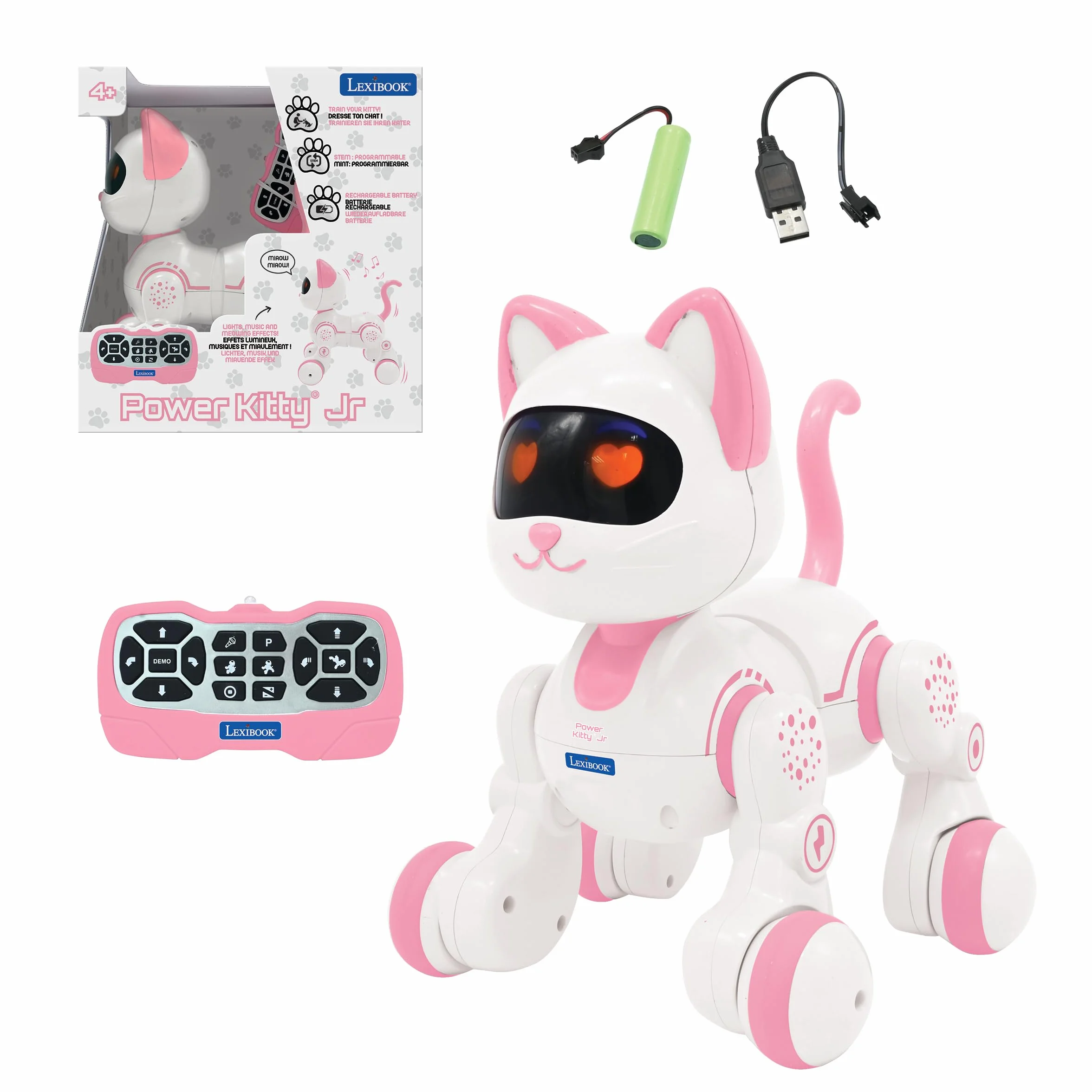 Lexibook, Power Kitty Jr, Zdalnie Sterowany Kot do Tresury, Chodzi jak Prawdziwy Kot, Interaktywne Oczy, Programowalny Stem, Akumulator, Różowy, Biały, KIT01