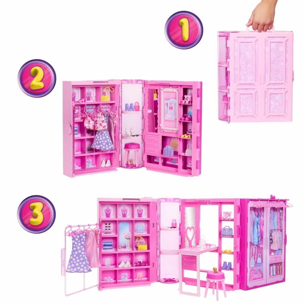 Barbie Szafa Marzeń Zestaw do zabawy z lalką blondynką, szafą (ponad 90 cm szerokości), ubranka dla lalki i akcesoria; 25 elementów, 3 pełne stylizacje Zestaw garderoba, HXD58