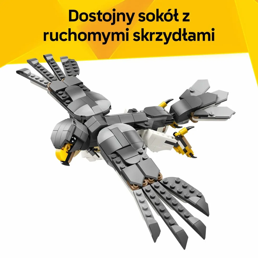 LEGO Creator 3 w 1 Leśne zwierzęta: Wilk szary, zabawka konstrukcyjna dla dzieci, 3 opcje figurek zwierząt: wilk, sokół lub szop, pomysł na prezent dla chłopca i dziewczynki od 8 lat 31393