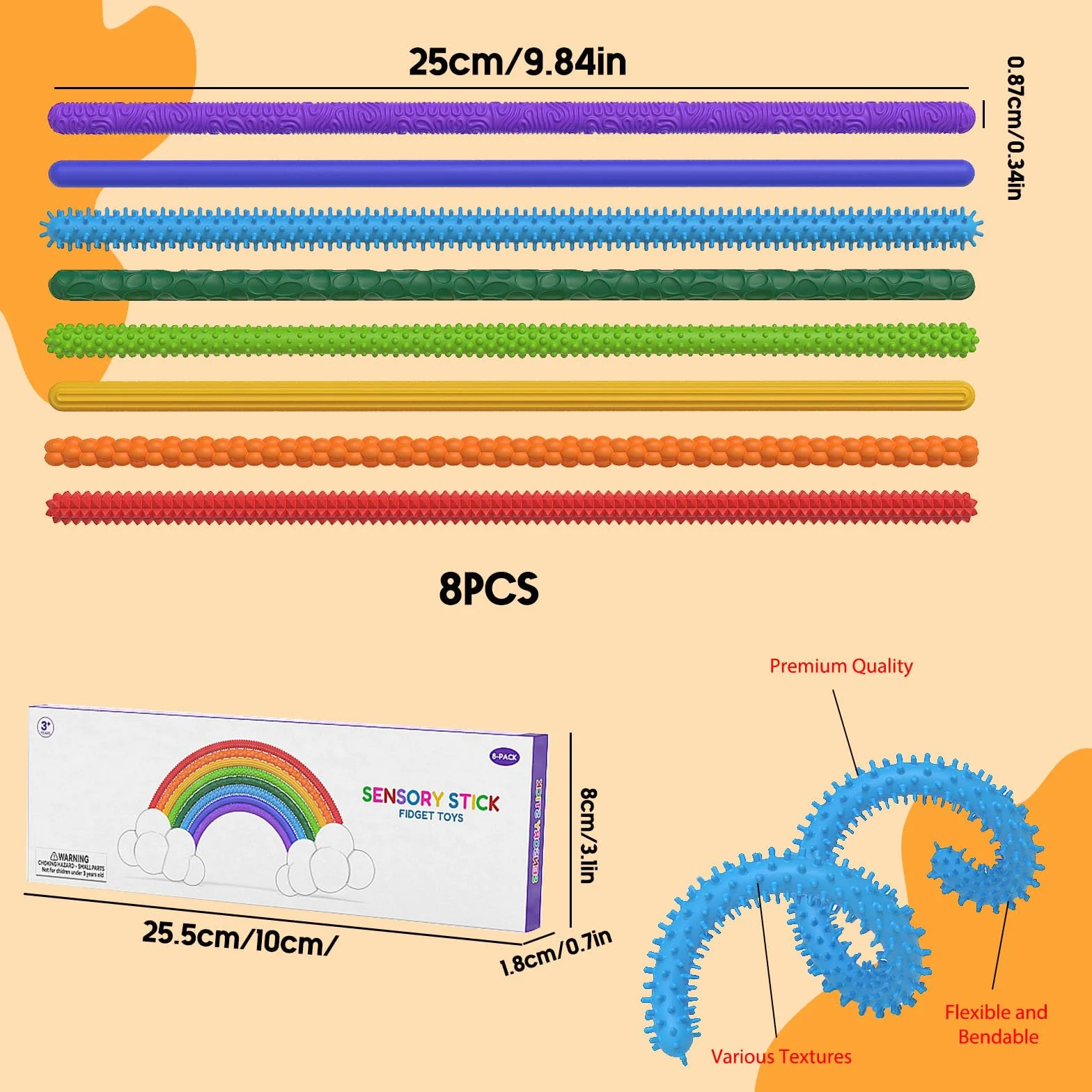 Zabawki Sensoryczne Fidget, 8szt Fidget Toys Twist Stick, Zabawki Sensoryczne dla Dorosłych, Teksturowane Silikonowe Patyczki, Relaksujące Patyczki dla ADHD Autyzmu