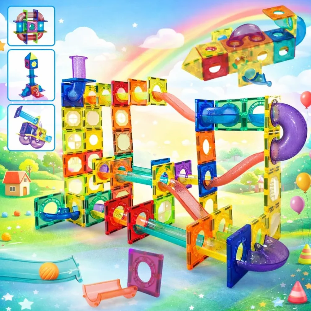 WonderToys Kulkowy tor wyścigowy, 100 sztuk, zestaw klocków magnetycznych, zabawka edukacyjna dla dzieci, dziewczynek i chłopców w wieku 3–7 lat, gry edukacyjne