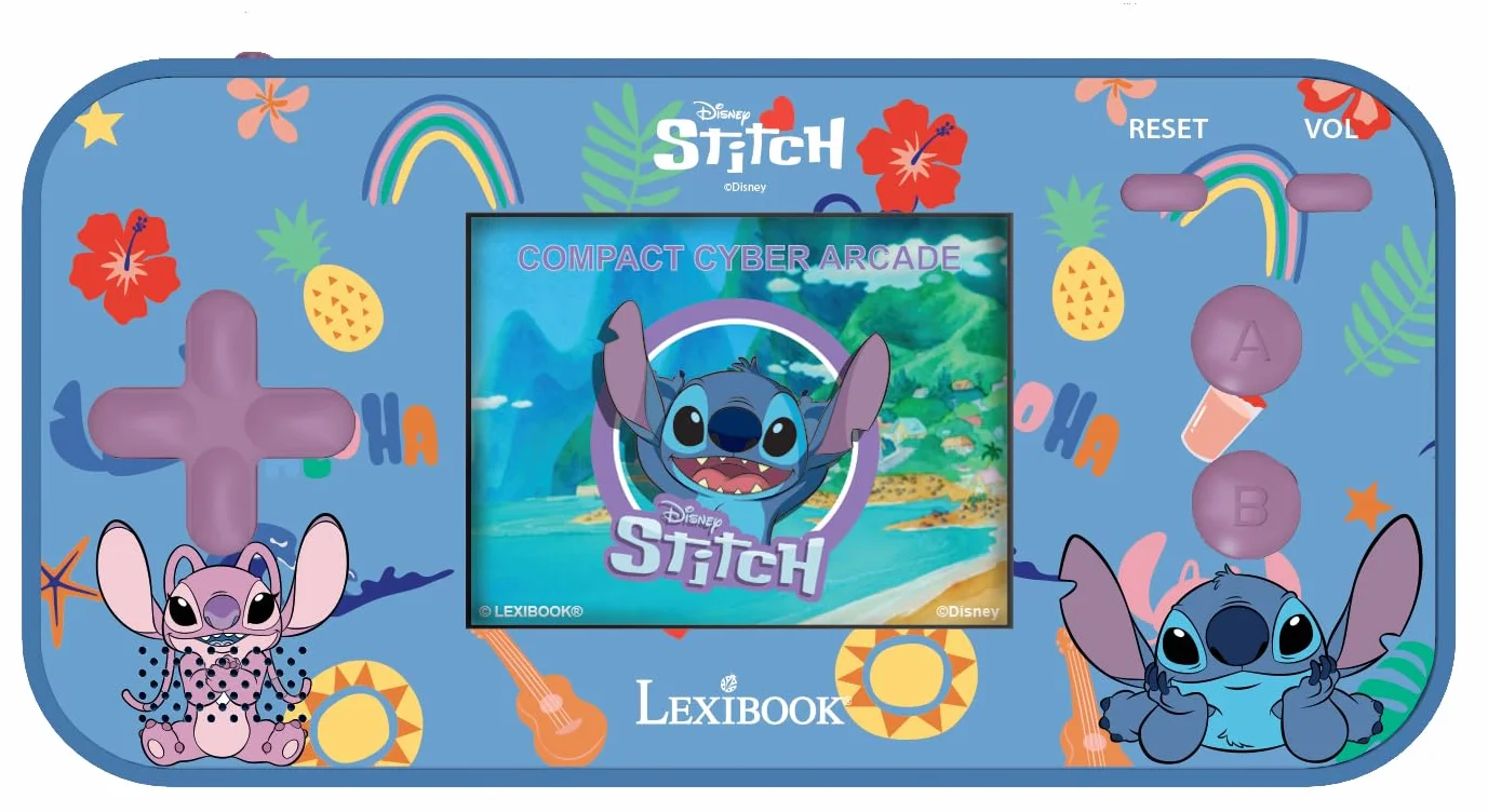 Lexibook, Disney Stitch, Kompaktowa Przenośna Konsola Zręcznościowa, 150 Gier, Kolorowy Ekran LCD, Zasilanie Bateryjne, JL2367D