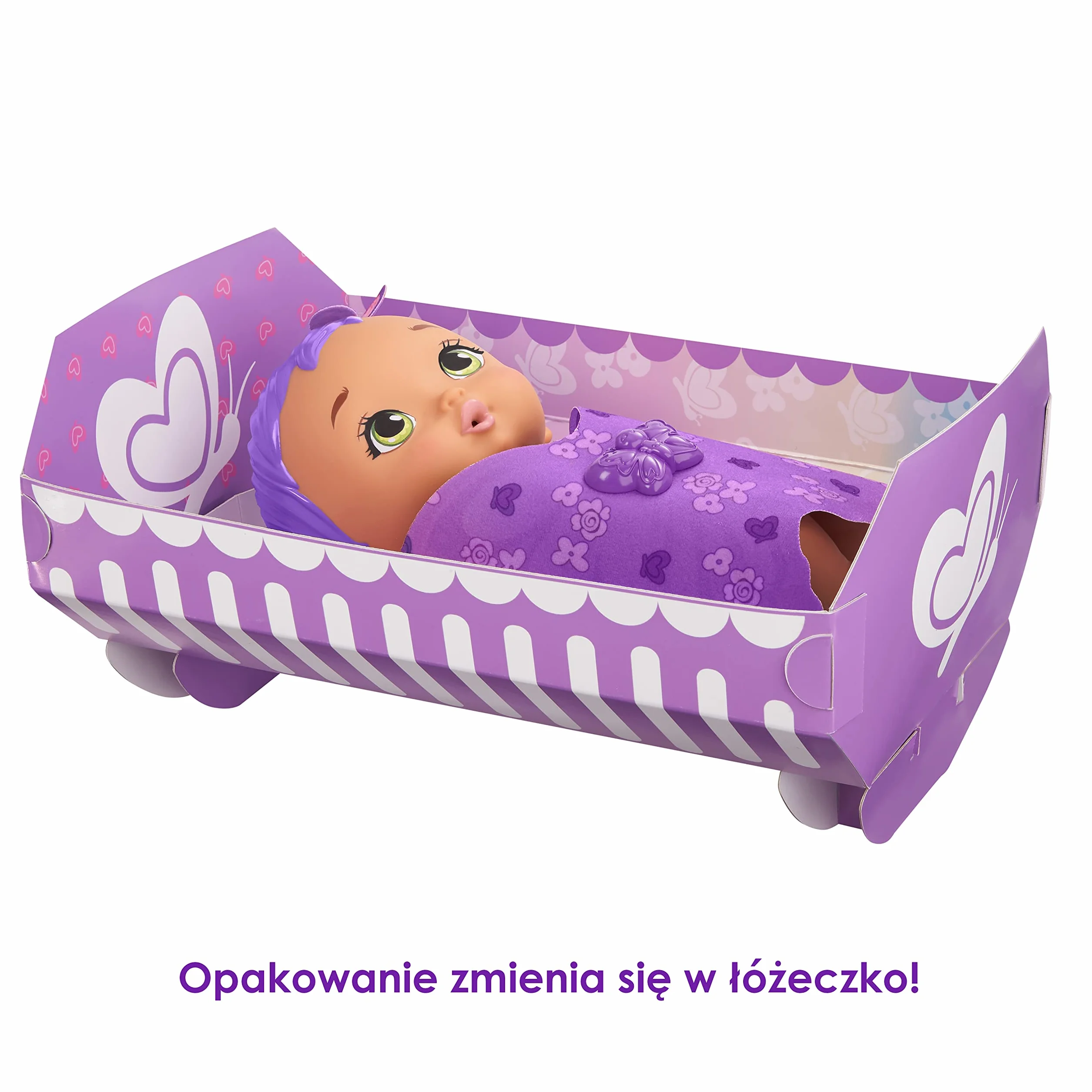 My Garden Baby Bobasek-Motylek Karmienie i przewijanie Lalka fioletowa (ok 30 cm) z pieluszką wielokrotnego użytku, zdejmowanymi skrzydełkami i ubrankiem, dla dzieci od 2 roku życia, GYP11