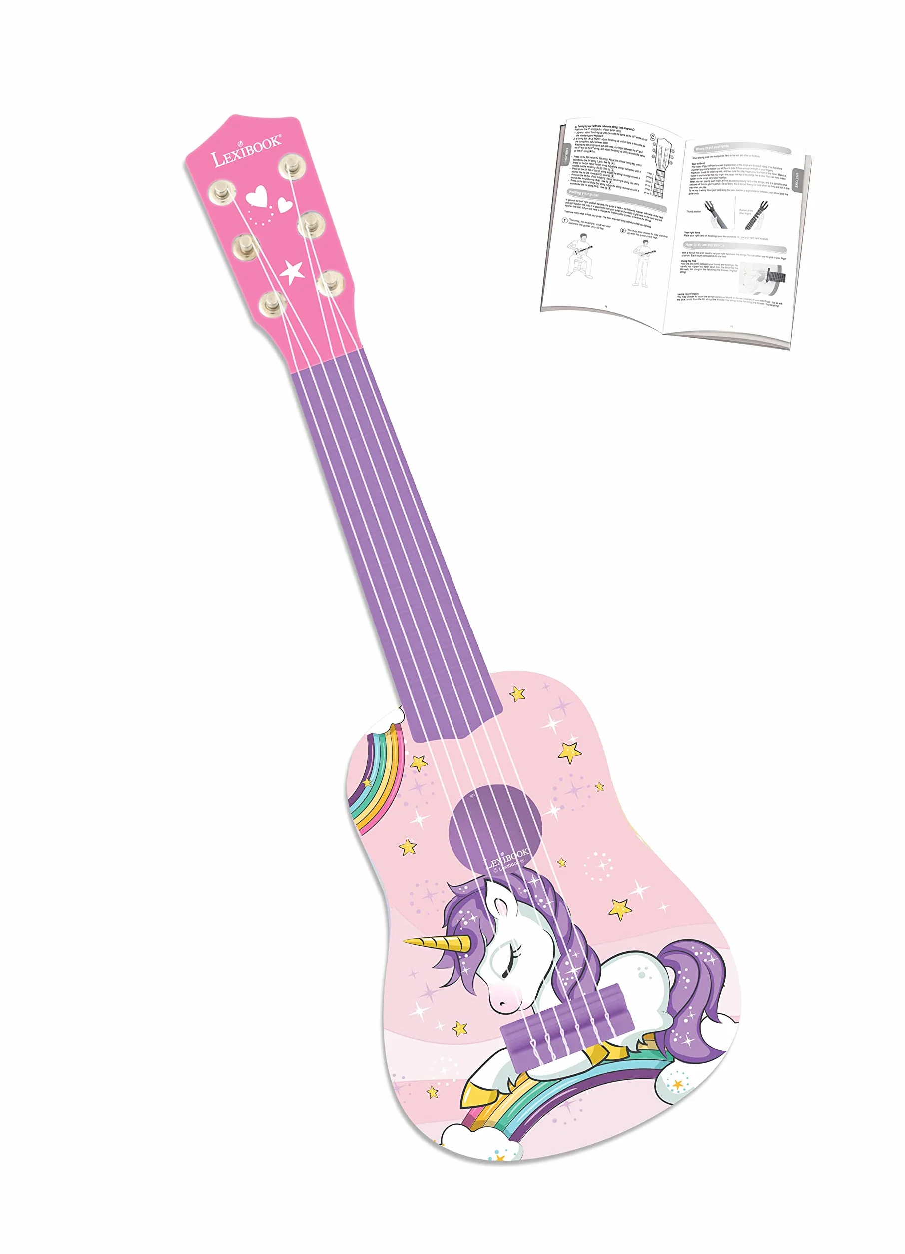 Lexibook Gitara Jednorożec dla Dzieci, 6 Strun Nylonowych, 53 cm, Instrukcja w Zestawie, Różowy, Niebieski, K200UNI