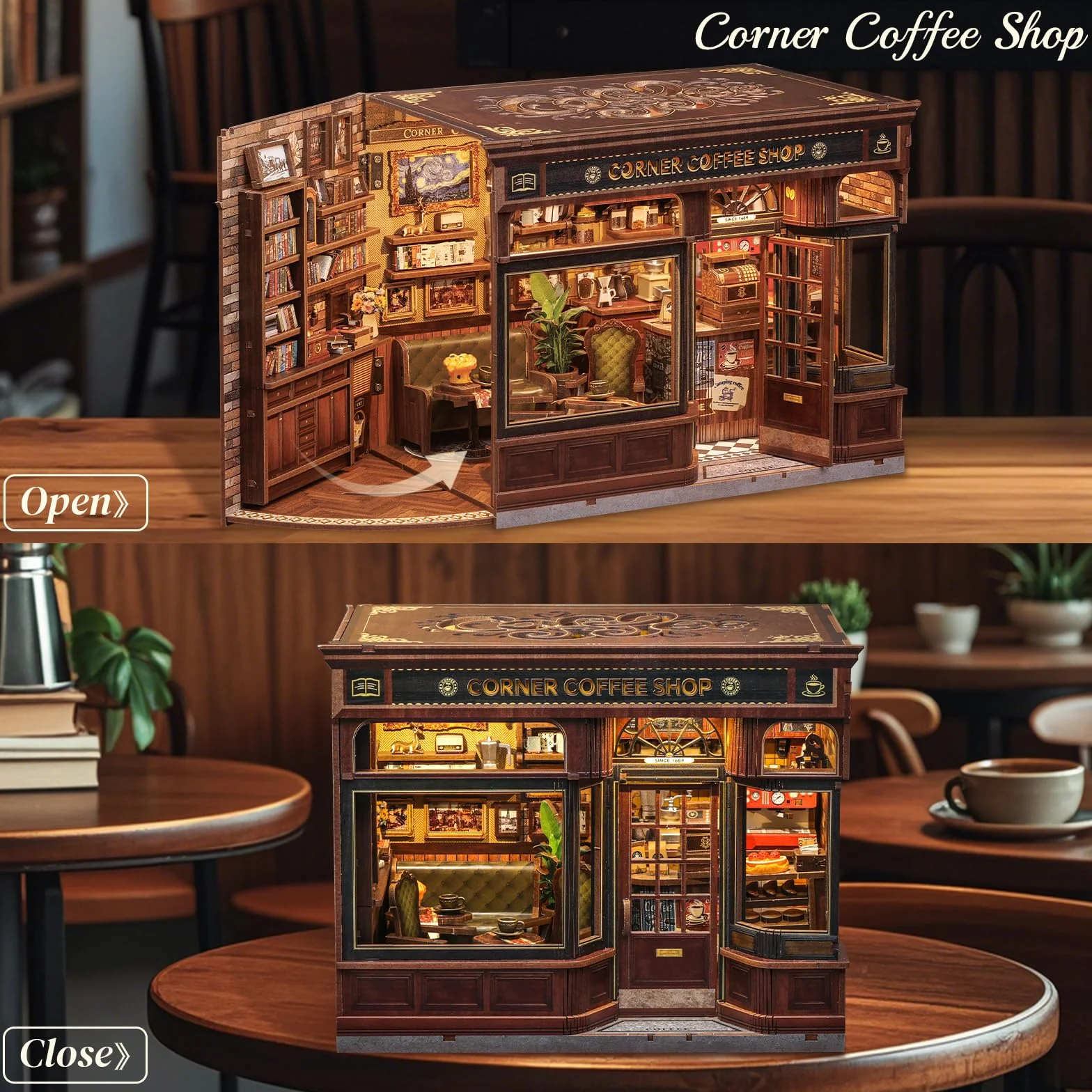 CUTEBEE Book Nook – DIY Mini House Miniaturowego Domku Dla Lalek dla Dorosłych z Oświetleniem LED, Układanką 3D i do – Dekoracja Półki na Książki i Pomysł na Prezent (Corner Coffee Shop)
