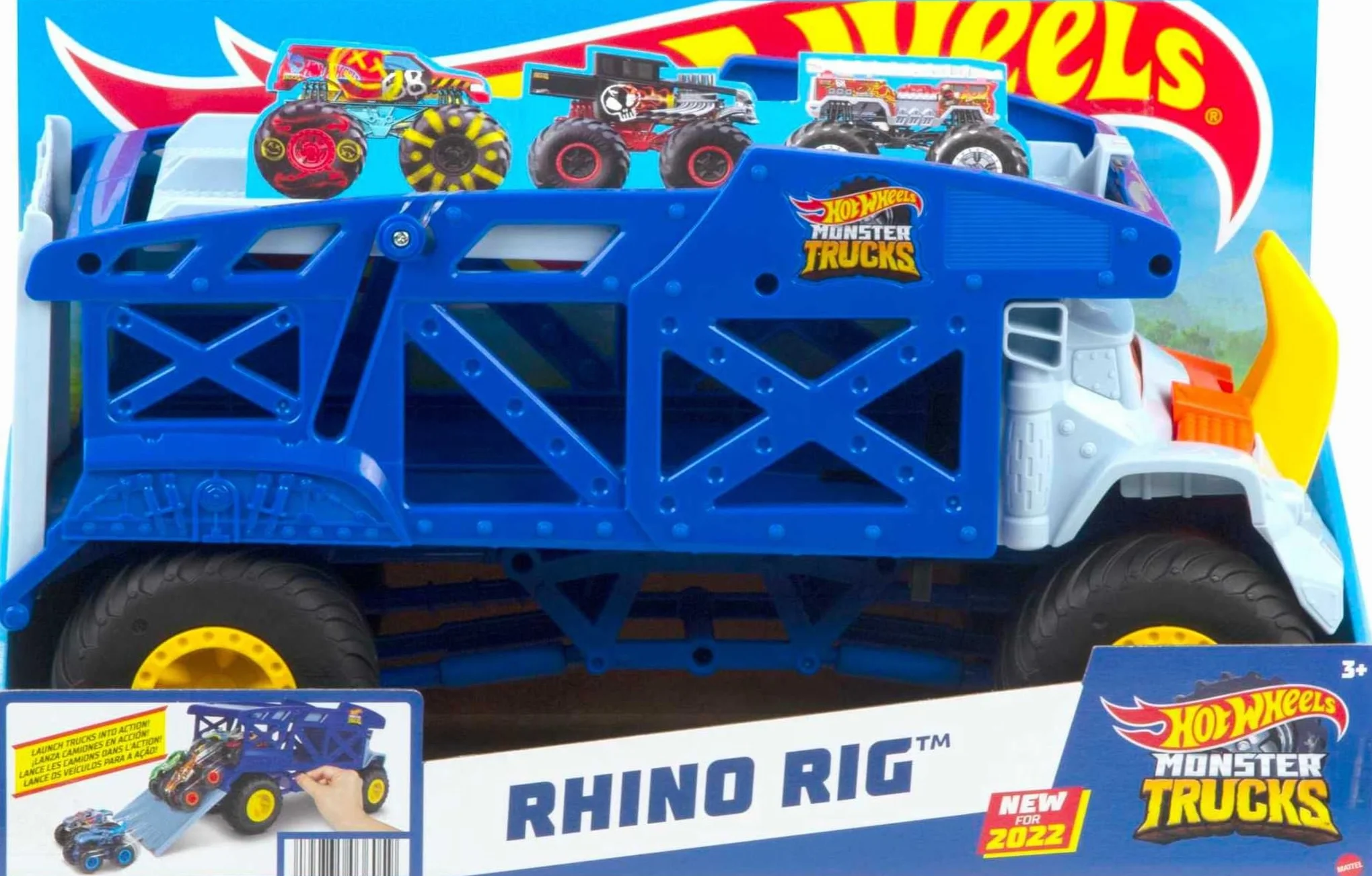 Hot Wheels Monster Trucks Toy Hauler, Oversized Truck Carries & Stores 12 1:64 Scale Monster Trucks or 32 Cars, Monster Mover Rhino, HFB13