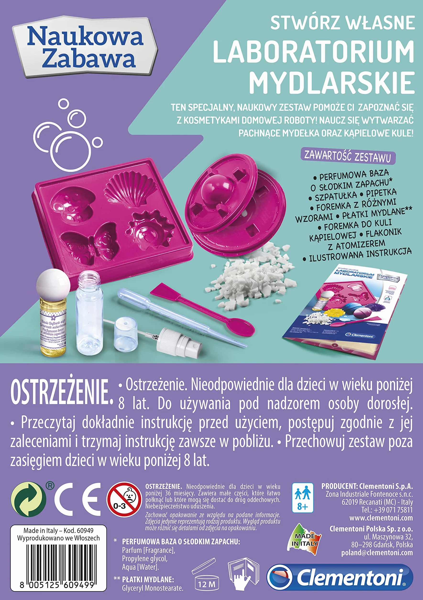 Clementoni 60949 Naukowa Zabawa Laboratorium Mydlarskie Zestaw Edukacyjny dla Dzieci od 8 Lat Wersja Polska