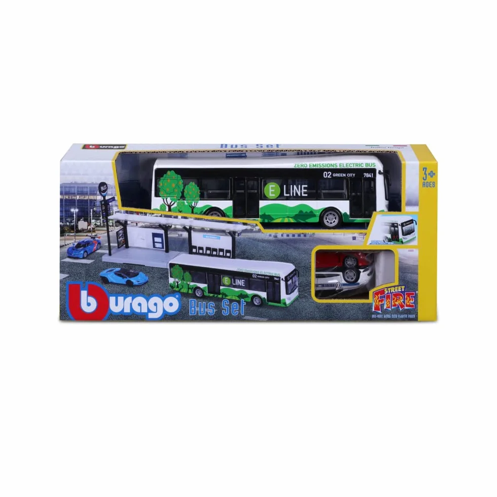 BBURAGO 1/64 PUBLICZNY TRANSPORT - Playset City Bus + Stacja + 2 pojazdy -, Niebieski lub Zielony