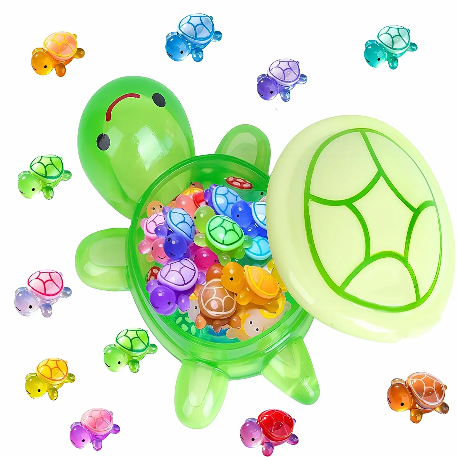 Rodzina świecących żółwi XXL: 1 x duży żółw matki (17 cm, z przegródką do przechowywania) + 50 x mini żółwi świecących w ciemności – odporna na warunki atmosferyczne dekoracja z żywicy, do