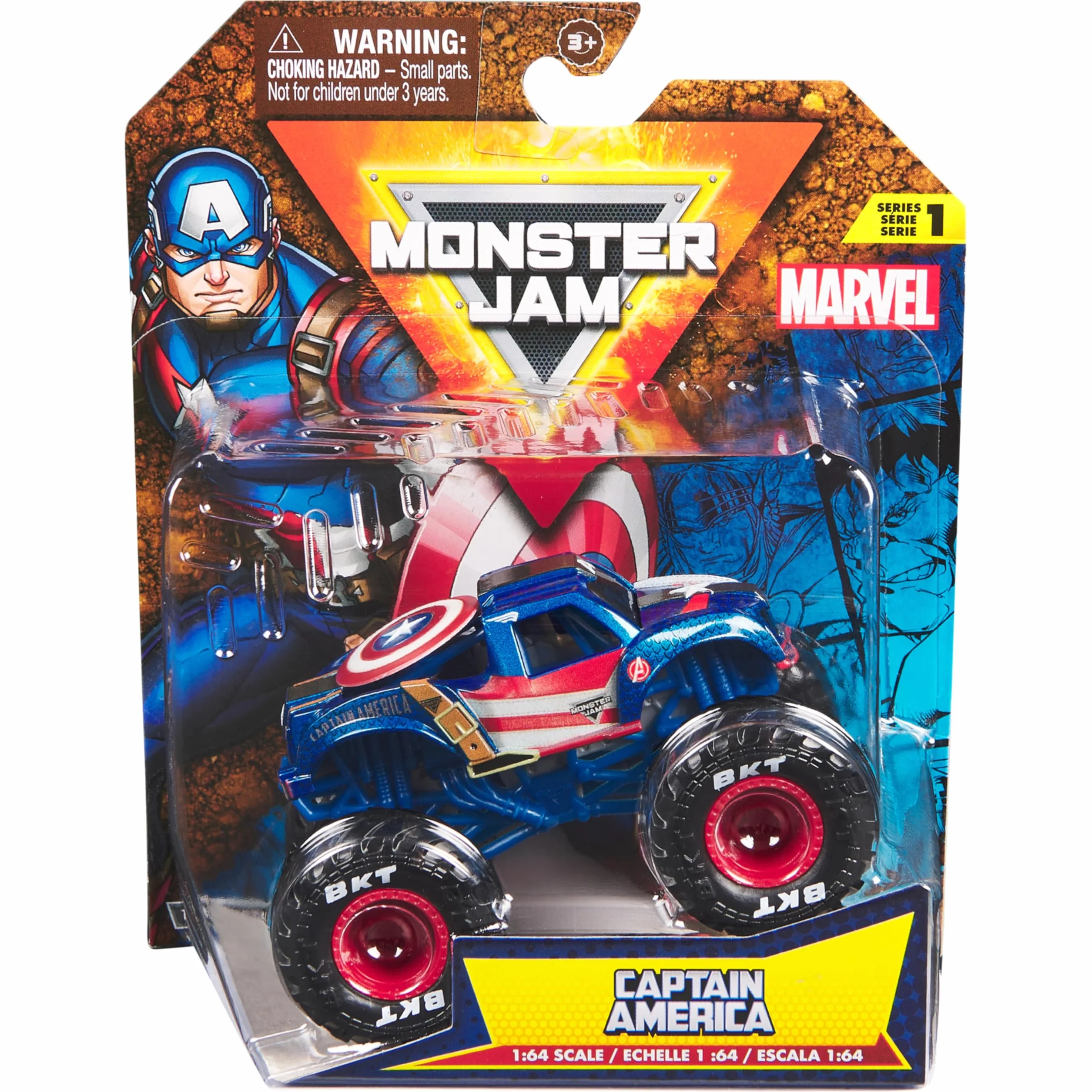 Monster Jam Marvel - 1 Vehicle Die-CAST 1:64 Marvel - 1 Autentyczny pojazd Monster Truck Oficjalny pokaz kolekcjonerski w skali 1:64 - Zabawka dla dzieci 3 lata i więcej - model losowy