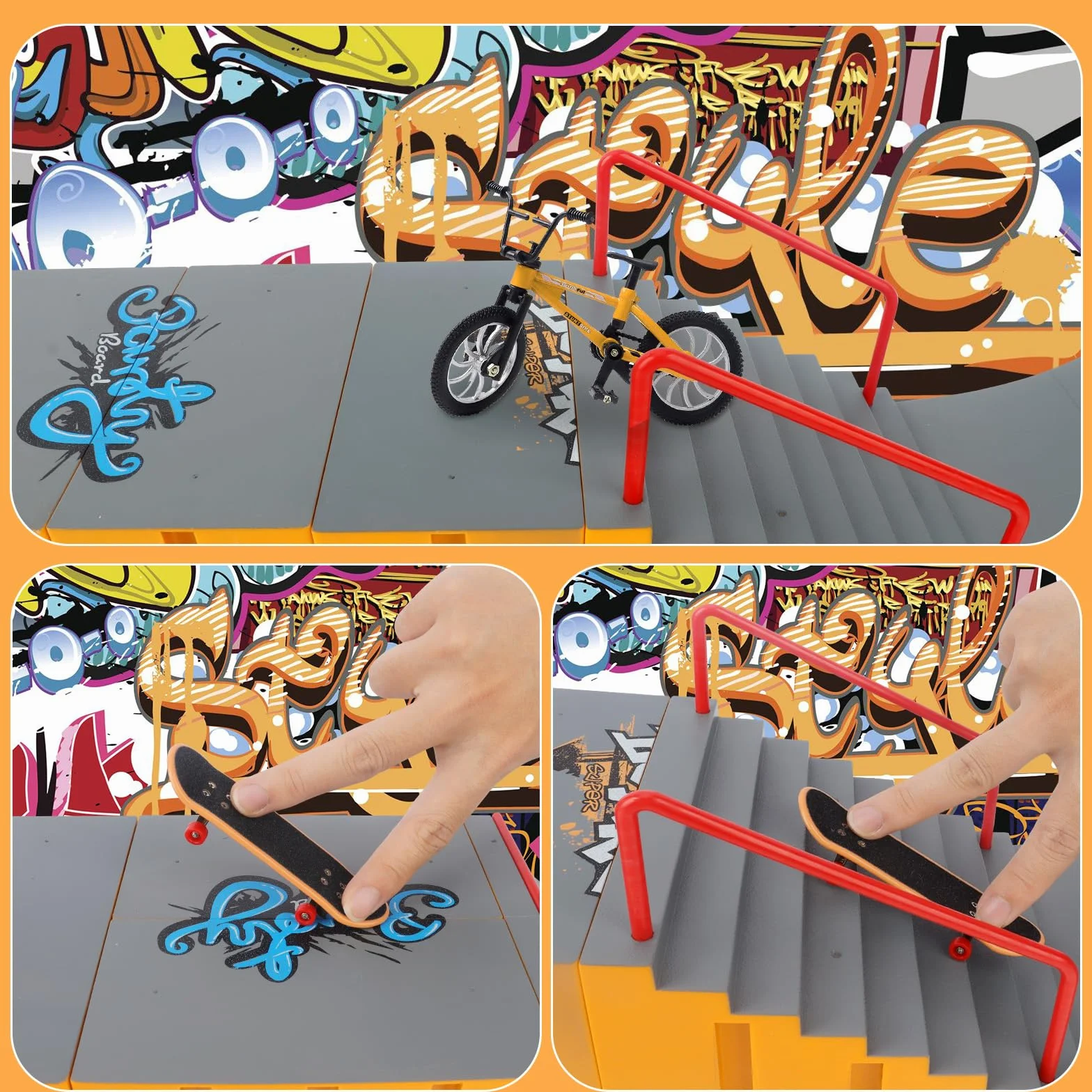 Tlater Mini Finger Deskorolka Zestaw Park Kits, 14 w 1, deskorolka z 14 rampami, 8 podkładkami na palec, 1 rower na palec, zabawka edukacyjna DIY, prezent dla dzieci