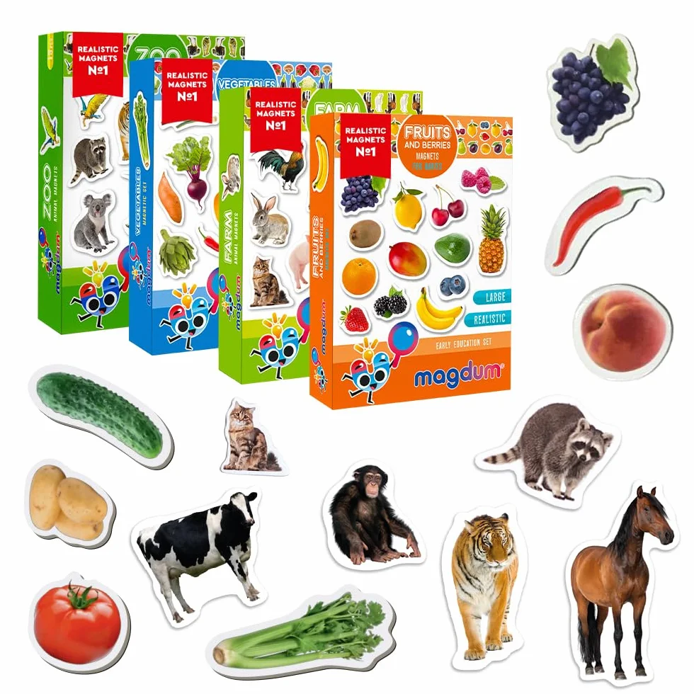 Magnesy na lodówkę dla dzieci ZESTAW MAGDUM ZOO + farma + owoce + warzywa – 85 magnesów dla małych dzieci – magnesy na lodówkę dla dzieci zabawki dla małych dzieci – zabawki dla dzieci