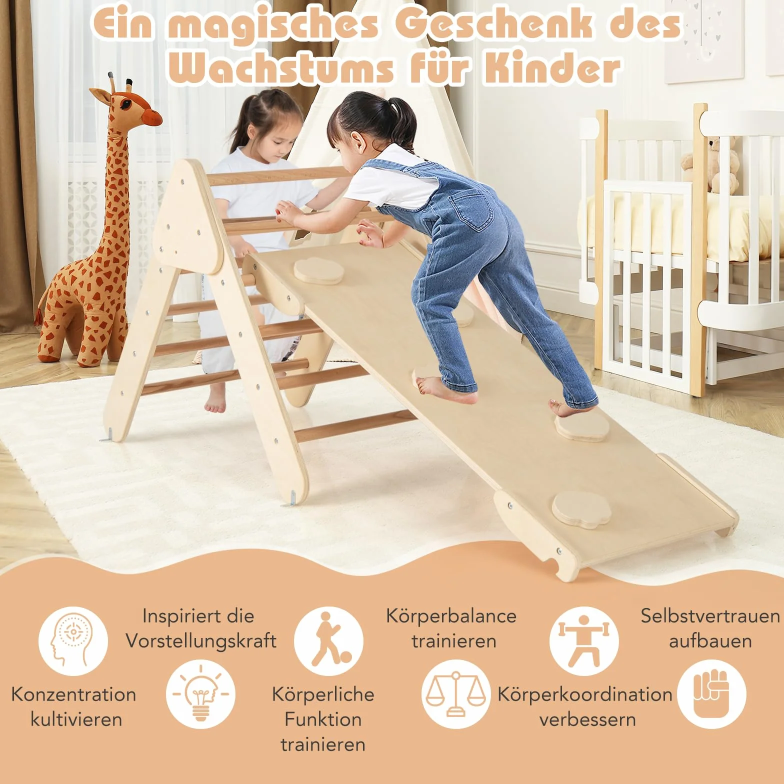 COSTWAY trójkąt wspinaczkowy z zjeżdżalnią, łukiem do wspinaczki, w zestawie dwustronna rampa, do wspinaczki, zjeżdżania i huśtania, 4 w 1 plac zabaw do wspinaczki do użytku wewnętrznego od 1 roku