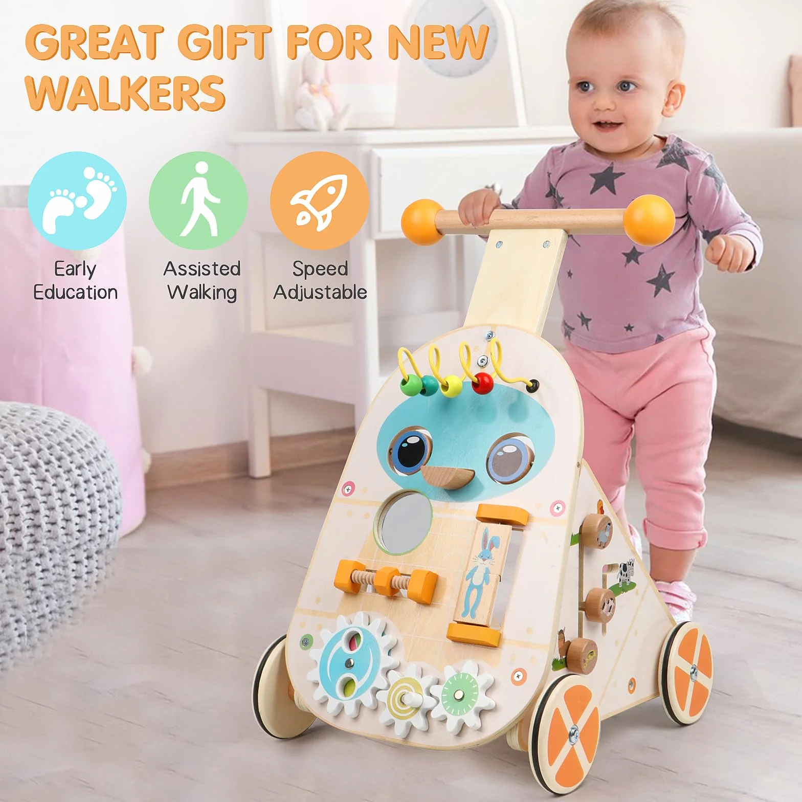 Jacootoys Drewniany chodzik z regulowaną prędkością dla maluchów, drewniany chodzik do nauki chodzenia i pchania dla chłopców, dziewczynek i dzieci w wieku 1, 2 i 3 lat