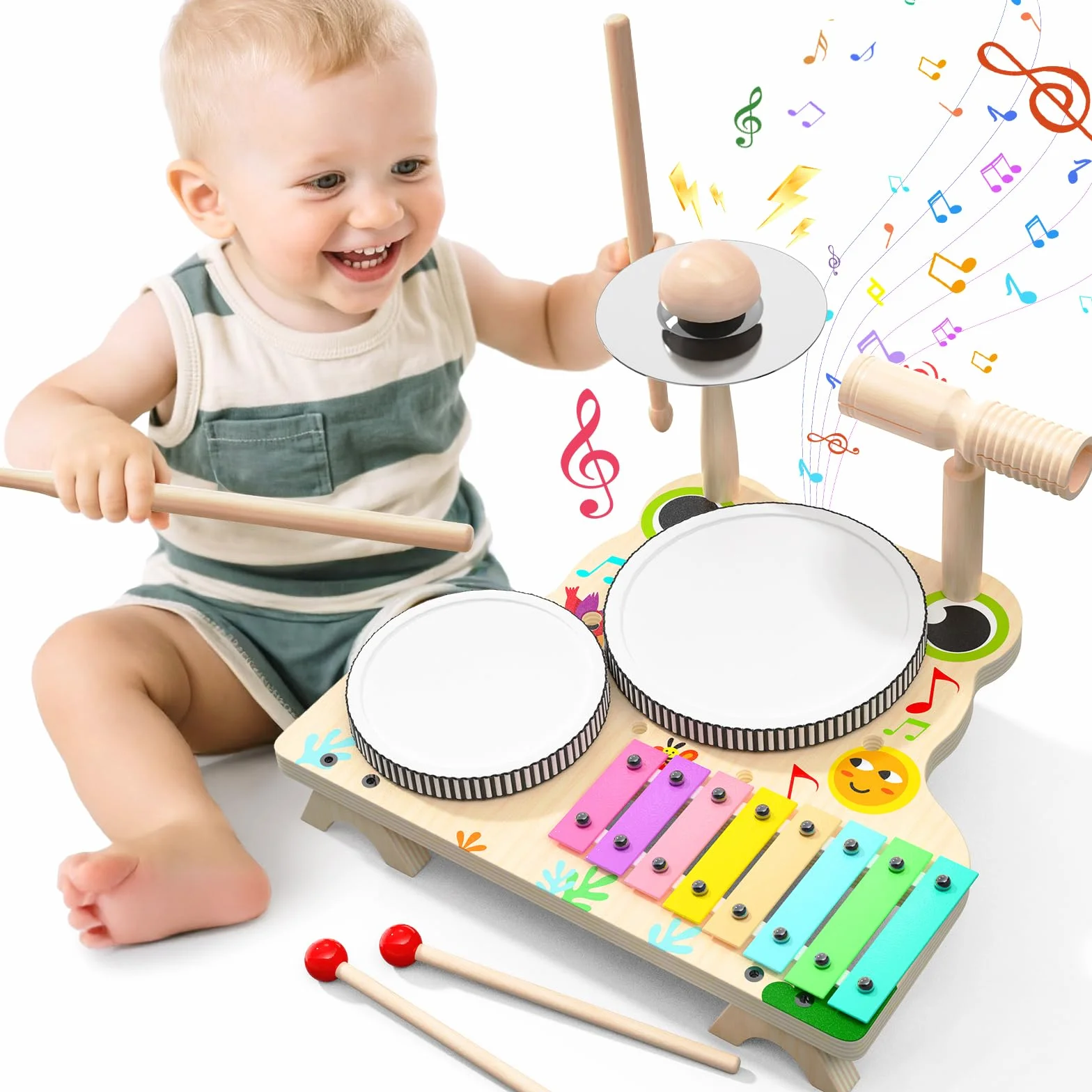 Skirfy Instrumenty muzyczne dla dzieci, drewniana zabawka, zestaw perkusyjny z pałeczkami perkusyjnymi i ksylofonem, zabawka edukacyjna dla chłopców i dziewczynek od 3, 4, 5 lat, zabawka sensoryczna