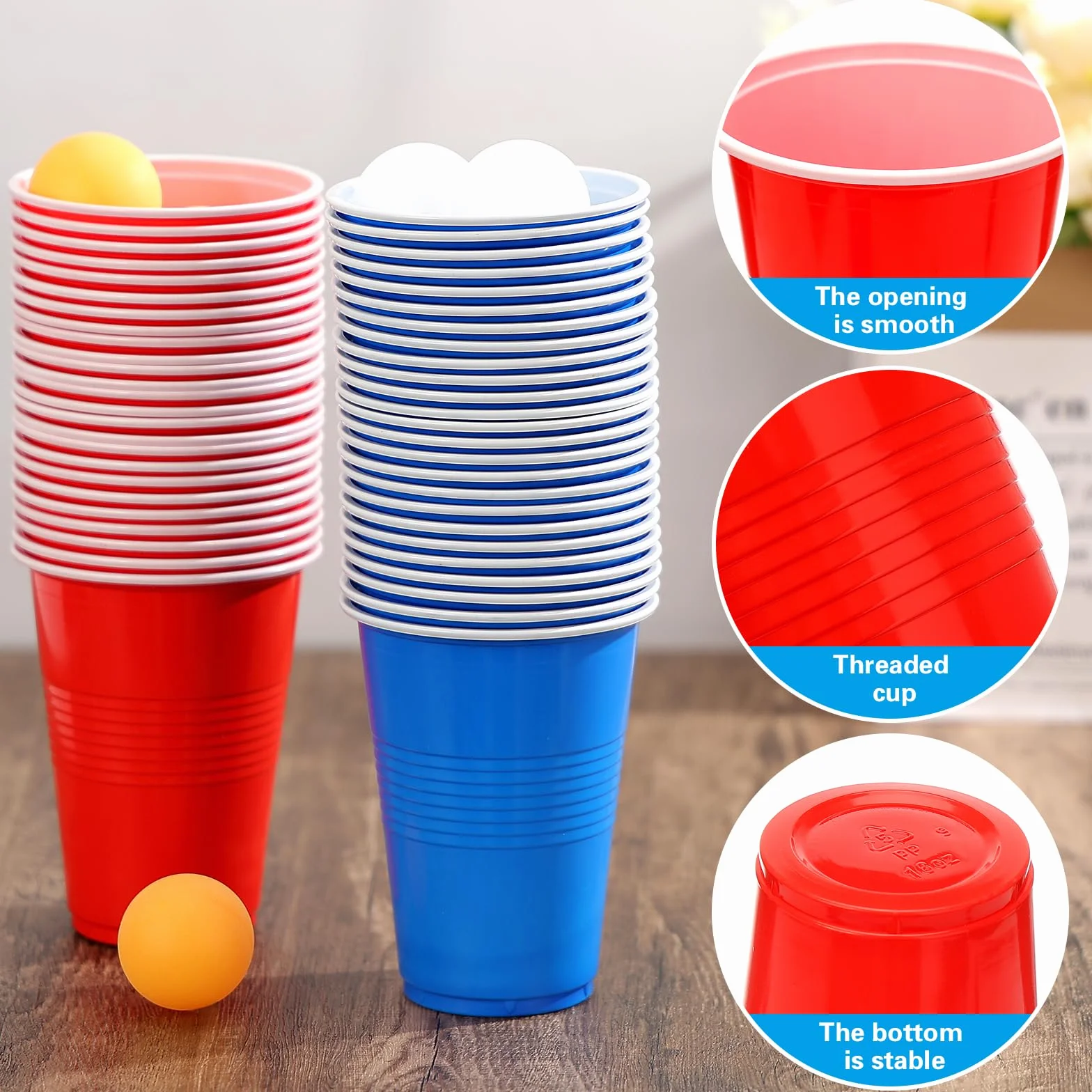 Zeawavsl Zestaw do Tenisa Stołowego z Kieliszki do Ponga Piwnego, 50 Kieliszków i 12 Piłeczek, 500 ml Szklanki, Wielokrotnego Użycia