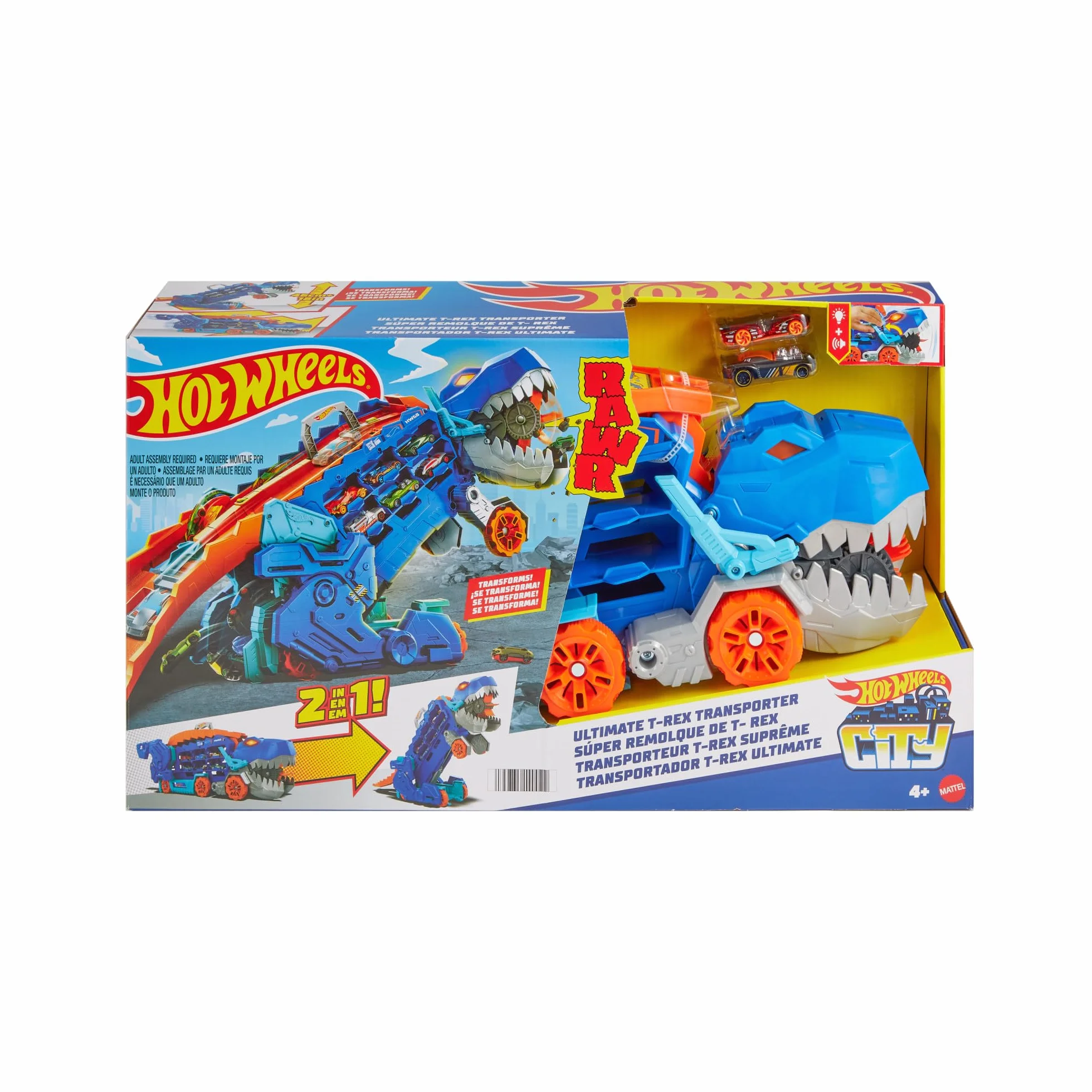 Hot Wheels City Toy Car Track Set, Ultimate T-Rex Transporter, Hauler Transforms into Stomping Dino with Race Track, From Netflix Series “Let’s Race”, HNG50