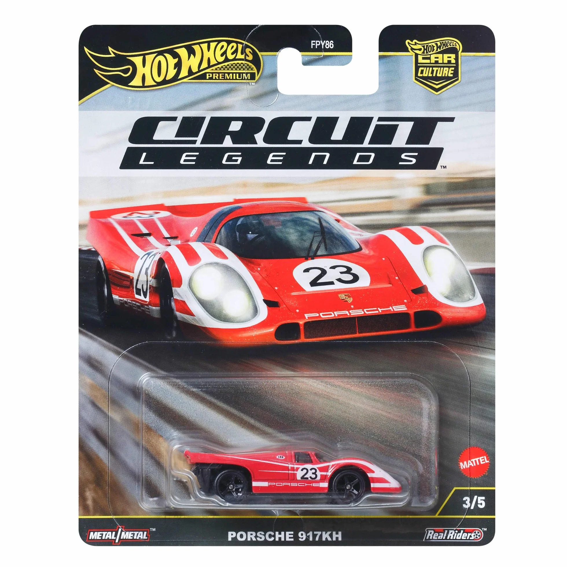 Hot Wheels Premium Car Culture Kultowe auta Circuit Legends Porsche 917K Metalowy samochód zabawka w skali 1:64 z oponami Real Riders, JBK63