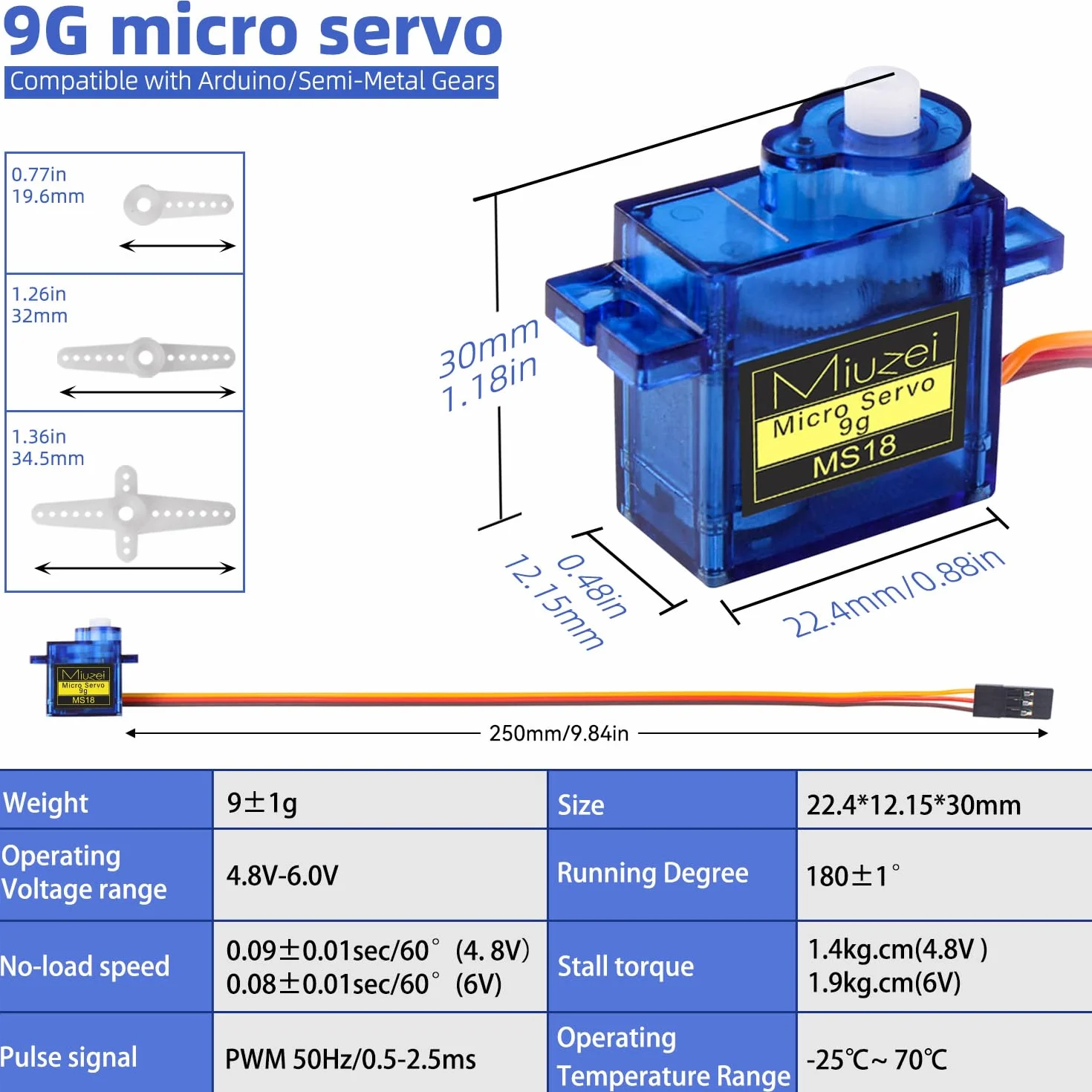 Miuzei 9G Micro: Serwo - silnik do RC Robot Ramię / Ręka / Chodzenie Helikopter Łódź samolot Helikopter Samochód Sterowanie z kablem, Mini Micro Motor Serwo Model do Arduino (5 * Niebieski)