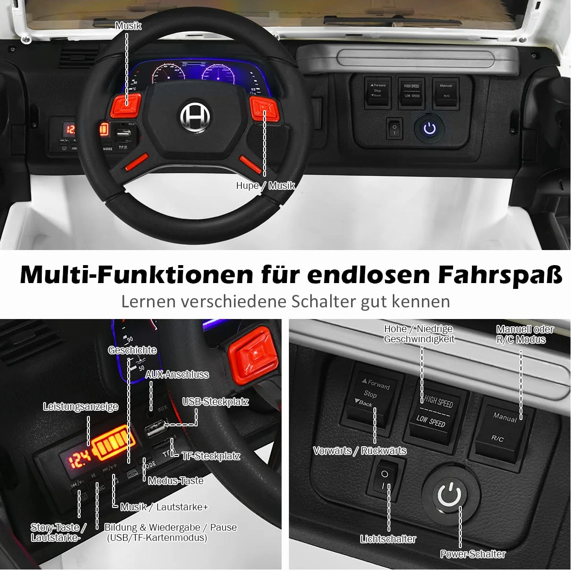 COSTWAY Samochód elektryczny dla dzieci, 2-osobowy z pilotem zdalnego sterowania 2,4 G, 3 biegi 12 V, samochód dziecięcy z MP3, muzyka, klakson i reflektor, Auto 2,5-4 km/h, dla dzieci od 3 lat