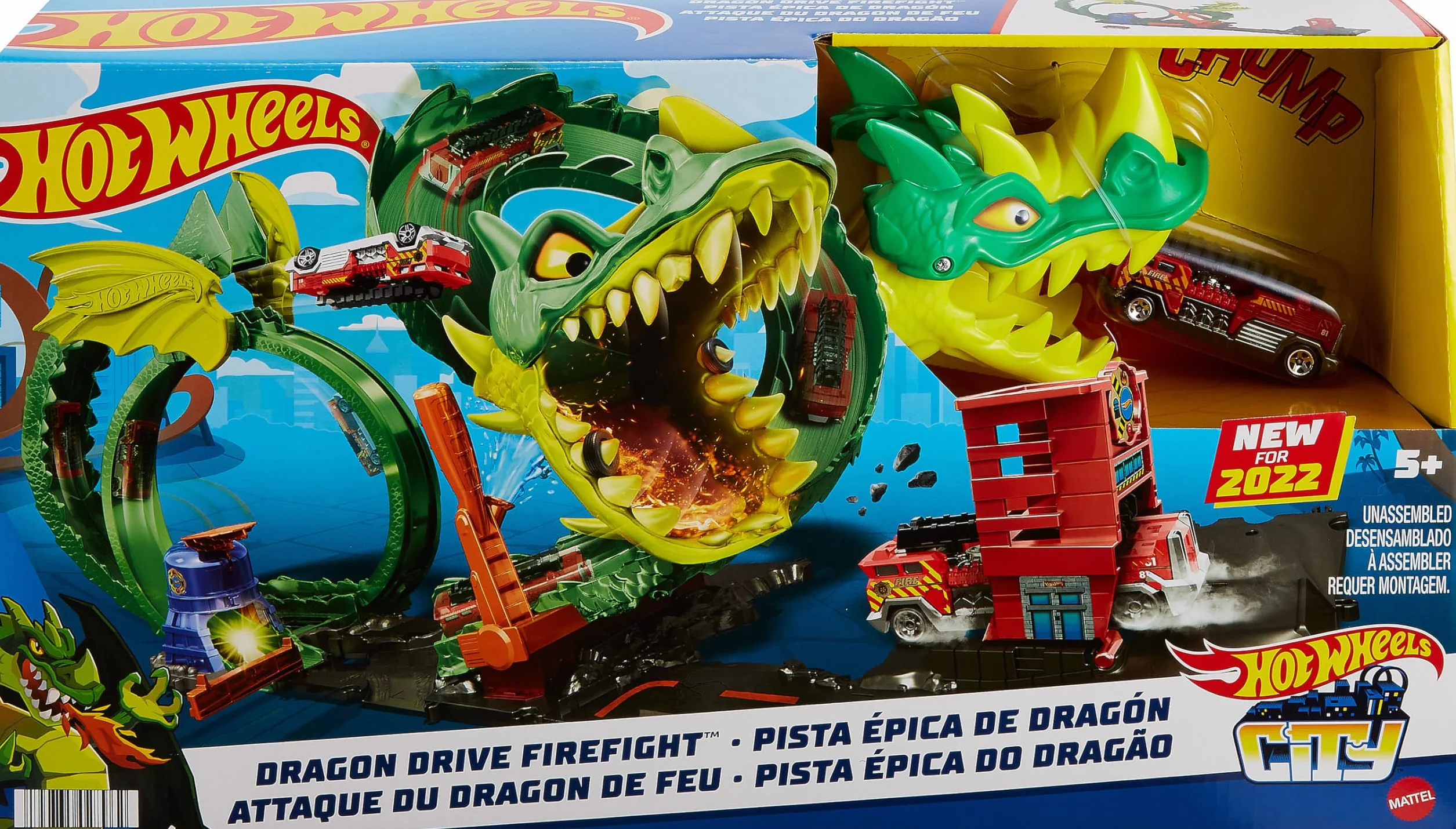Hot Wheels Pętla smoka Zestaw do zabawy z wyzwaniami kaskaderskimi i 1 samochodzikiem Hot Wheels, łączy się z innymi zestawami, prezent dla dzieci od 3 do 8 lat, HDP03