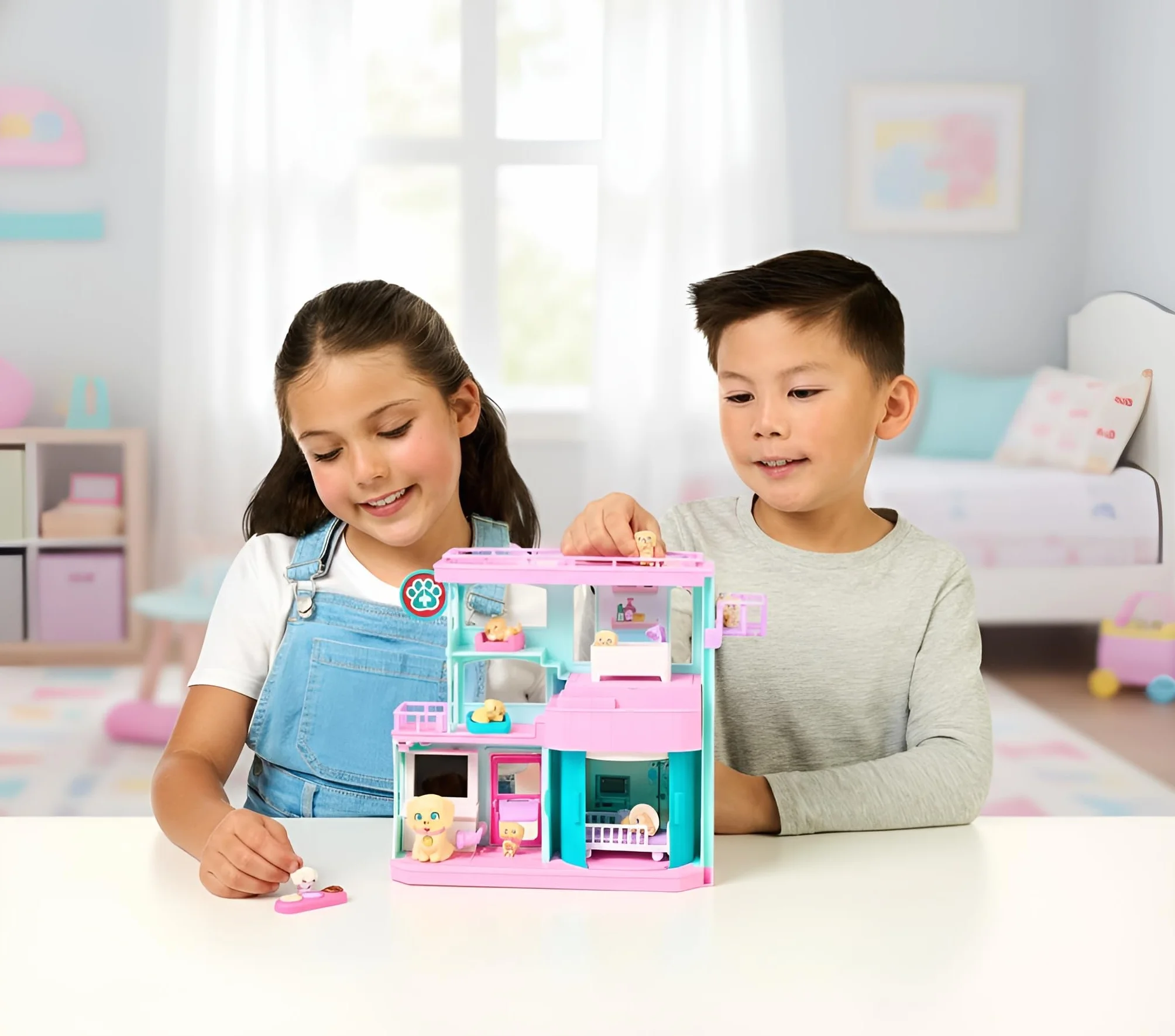 Little Live Pets Mama Surprise Families zestaw do zabawy dla niemowląt, 3 szczenięta retrievera, magiczny, dwustronny zestaw do zabawy (szerokość 27,8 cm, wysokość 23,8 cm) do karmienia, kąpieli i