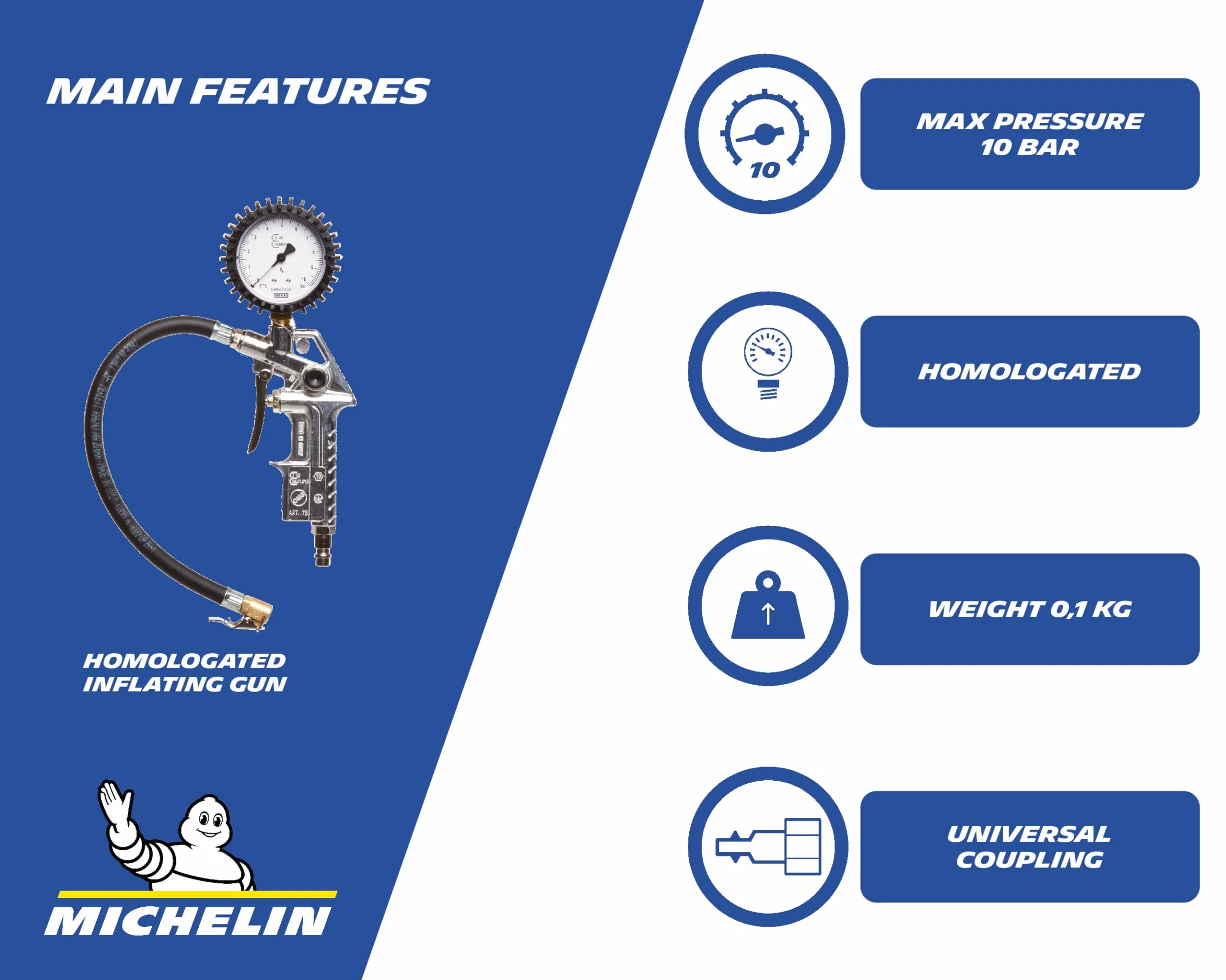 Michelin Pistolet do pompowania opon z manometrem do kompresorów, homologowany pistolet do pompowania opon z wężem, miernik ciśnienia w oponach, maks. ciśnienie 10 bar