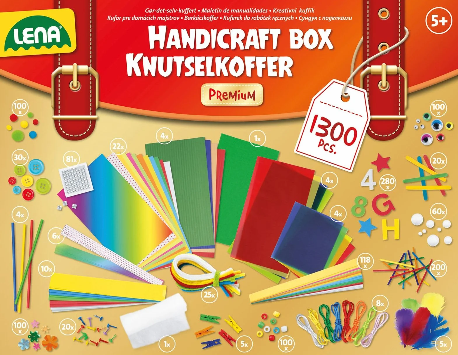 Lena 42663 Walizka do majsterkowania klasy premium, XXL, 1300 elementów, materiał do majsterkowania, z gumą piankową, kolorowym papierem, perłami, kwiatami, pomponami, wstążkami, guzikami, okrągłymi
