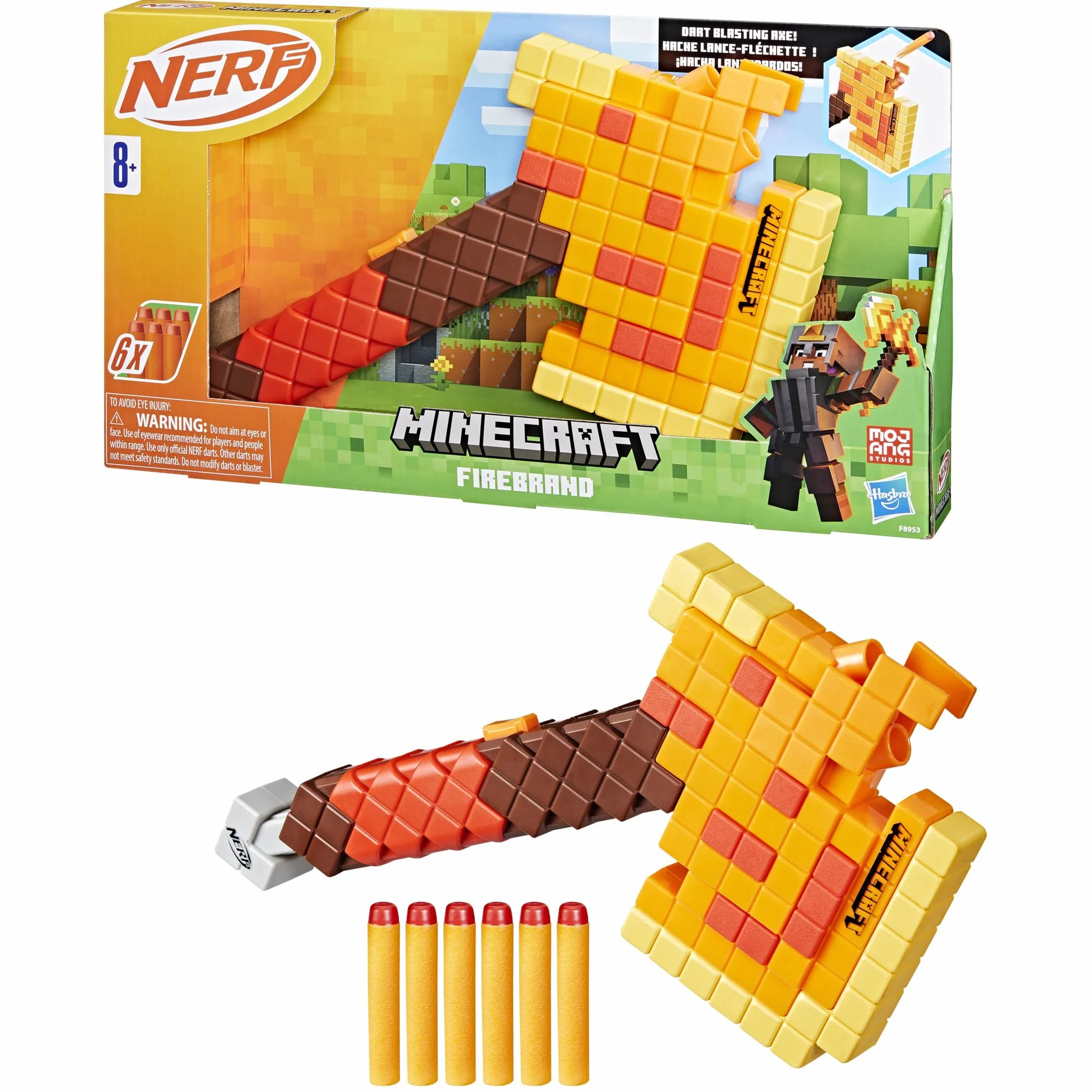 NERF Minecraft Firebrand: Toporek do rzucania, 6 elitarnych rzutków piankowych, projekt inspirowany grą, rozwijane gruntowanie, zabawki