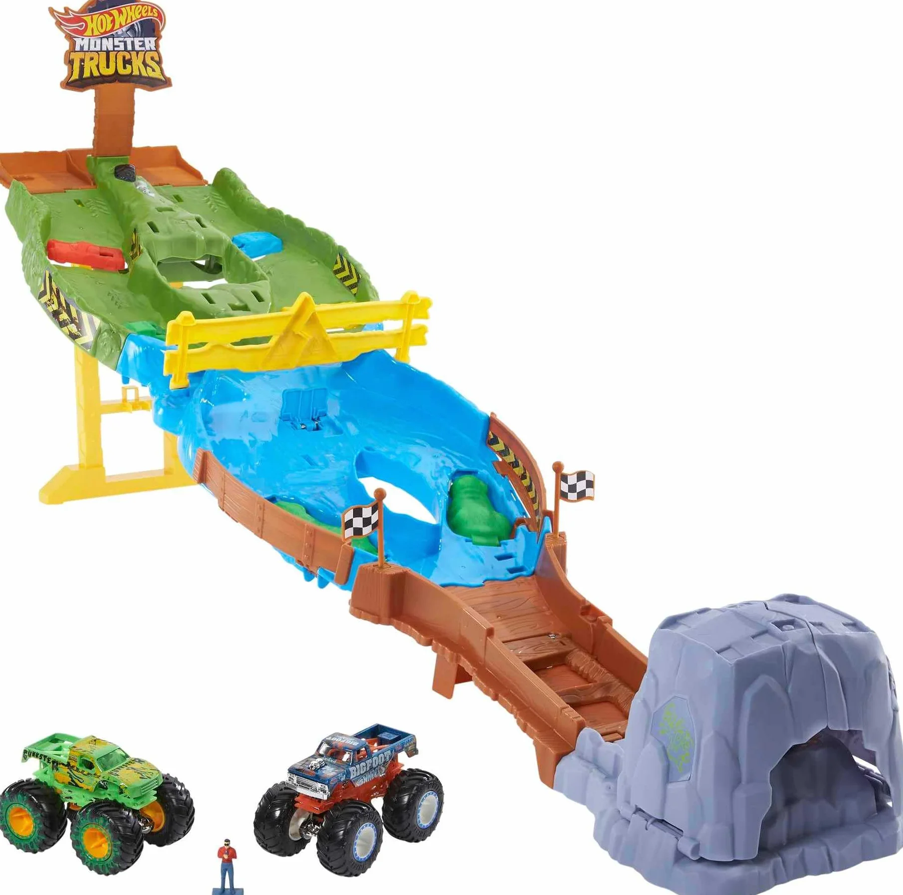 Hot Wheels Monster Trucks Tor wyścigowy Turniej Tytanów Zestaw z pojazdami Bigfoot i Gunkster do rywalizacji, zabawka dla dzieci od 4 roku życia, HJG32