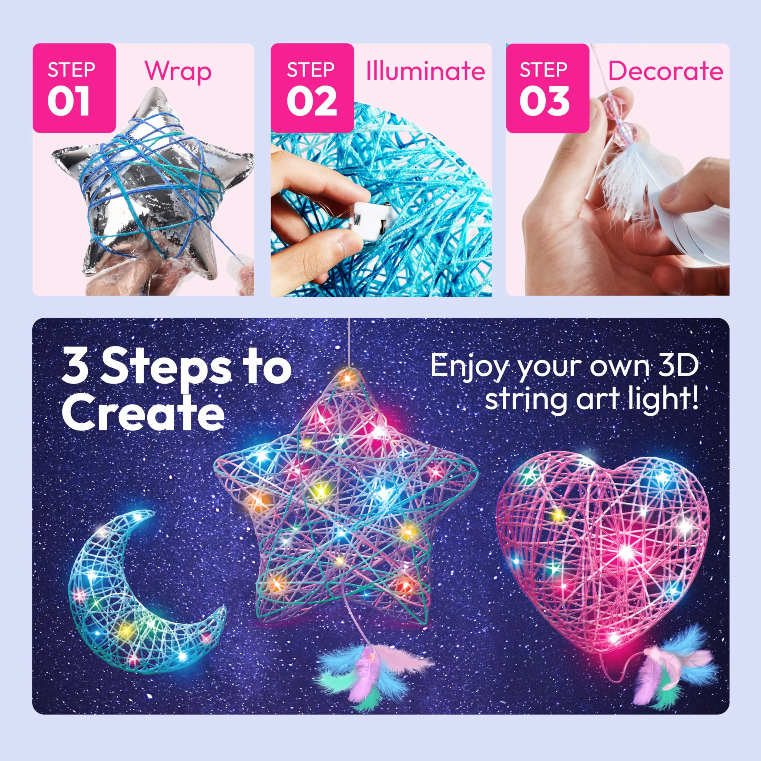 Klever Kits Zestaw nici 3D dla dzieci 8-12 lat, majsterkowanie dla chłopców i dziewczynek, 30 żarówek LED