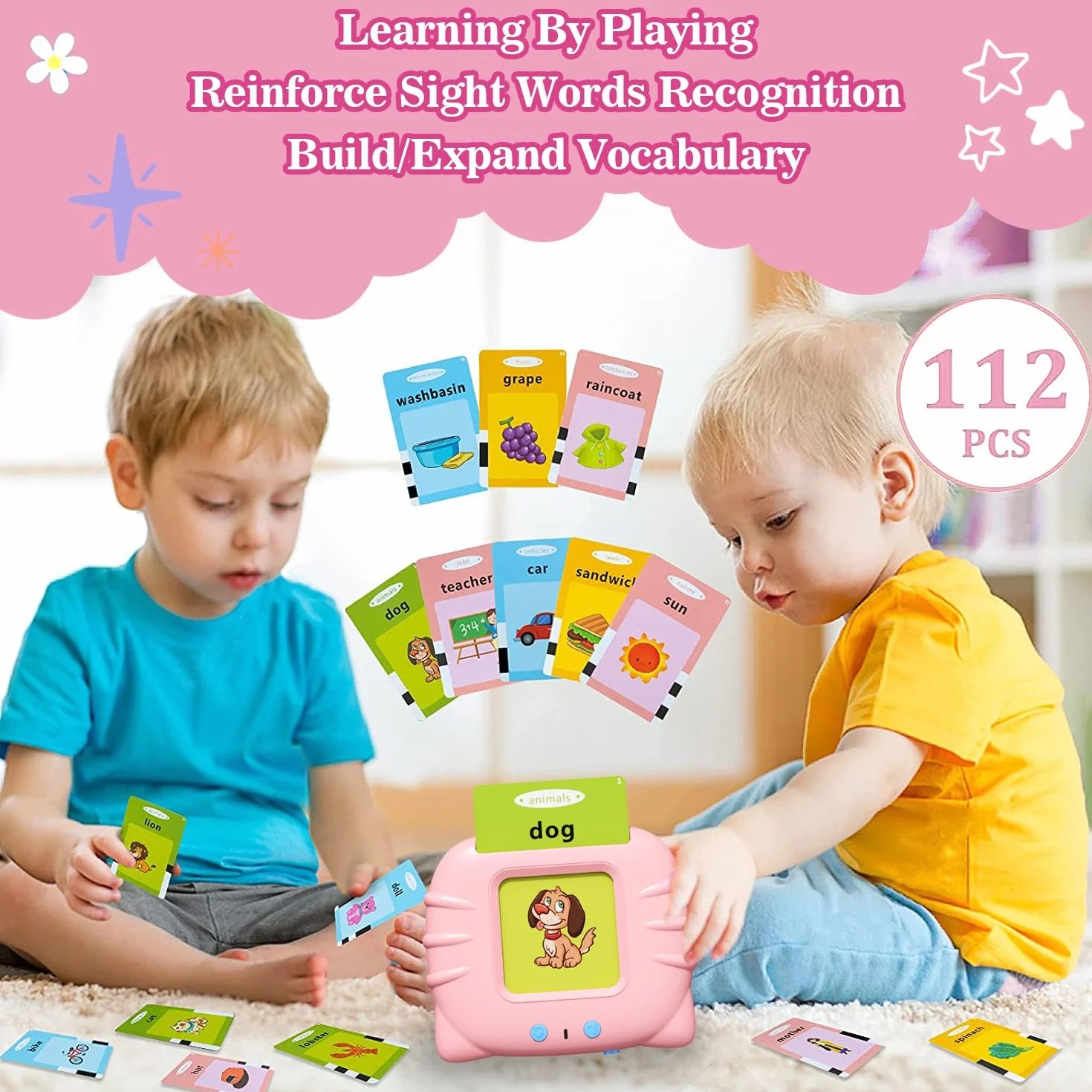 GUYUCOM Karty edukacyjne, Flash, gry edukacyjne dla dzieci w wieku 2, 3, 4, 5 lat, zabawki do nauki mowy dla maluchów, prezenty do rozwijania języka z 112 kartami (224 angielskie słowa)