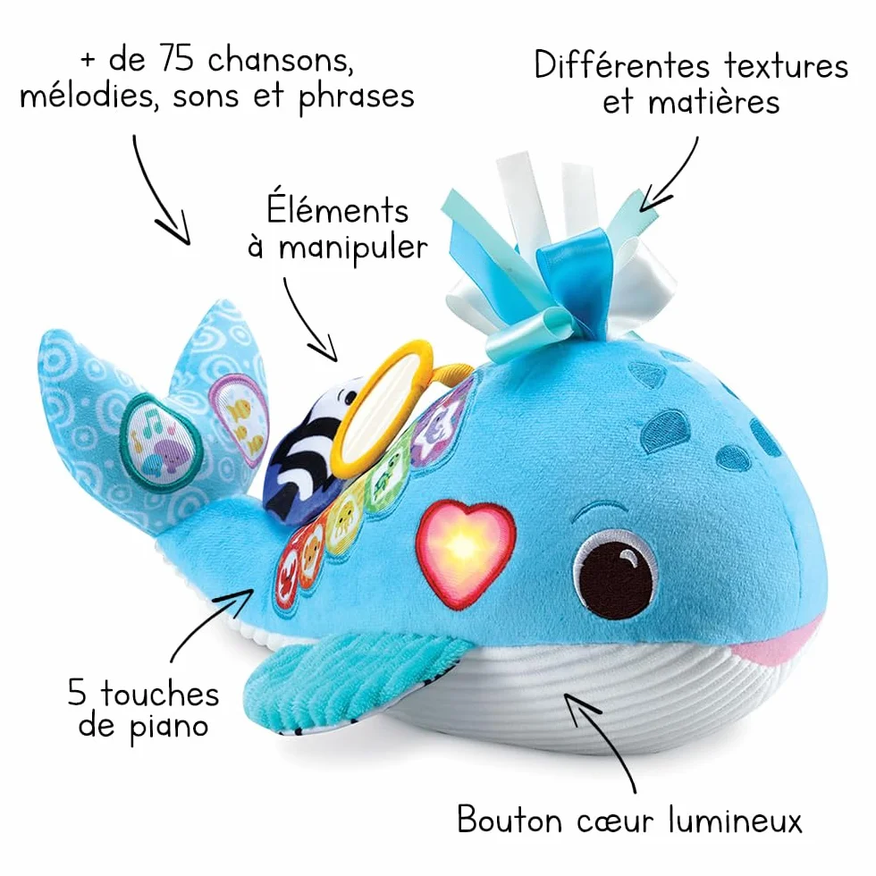 VTech - Ocean, My Musical Whale, interaktywny i zmysłowy pluszak dla niemowląt wykonany z trwalszych materiałów, zabawka do budzenia, prezent z okazji narodzin dziecka od 3 miesięcy - zawartość w