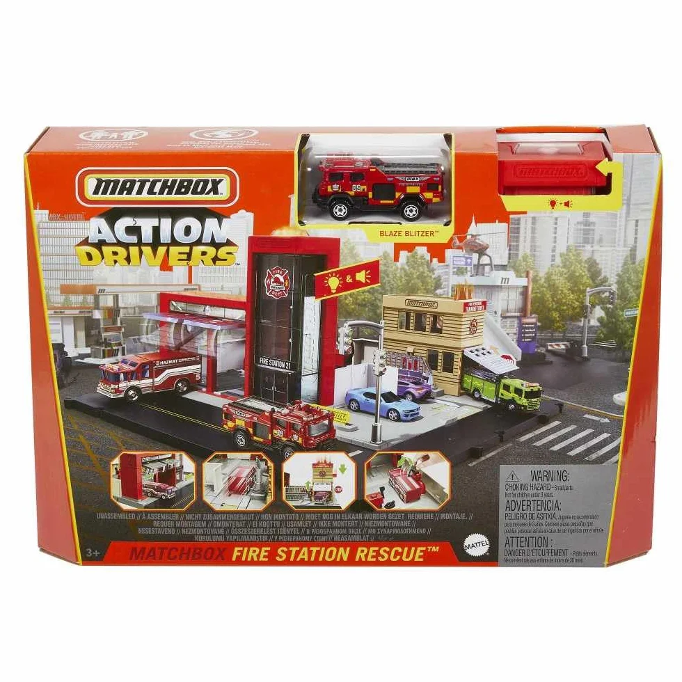 Matchbox Hbd76 - Zestaw do Zabawy W Straż pożarną, Z 1 Wozem Strażackim W Skali 1:64, Efektami Świetlnymi i Dźwiękowymi Oraz Ruchomymi Częściami, dla Dzieci od 3 Lat