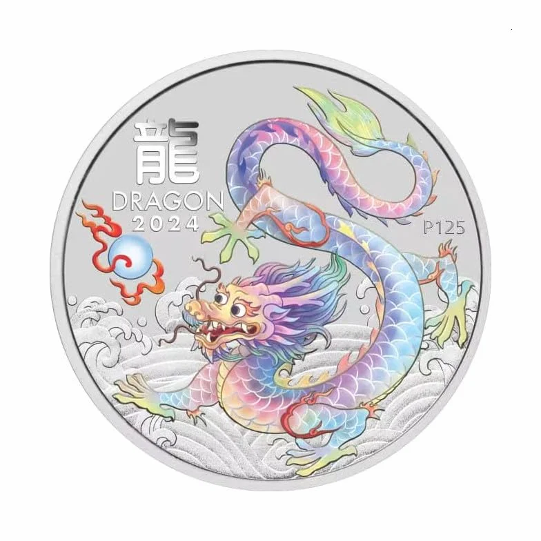 Generisch 1 uncja srebrna moneta Australia Lunar III smok biały 2024 White Dragon - 1 Oz Silver Coin, srebrna moneta kolekcjonerska BU Color