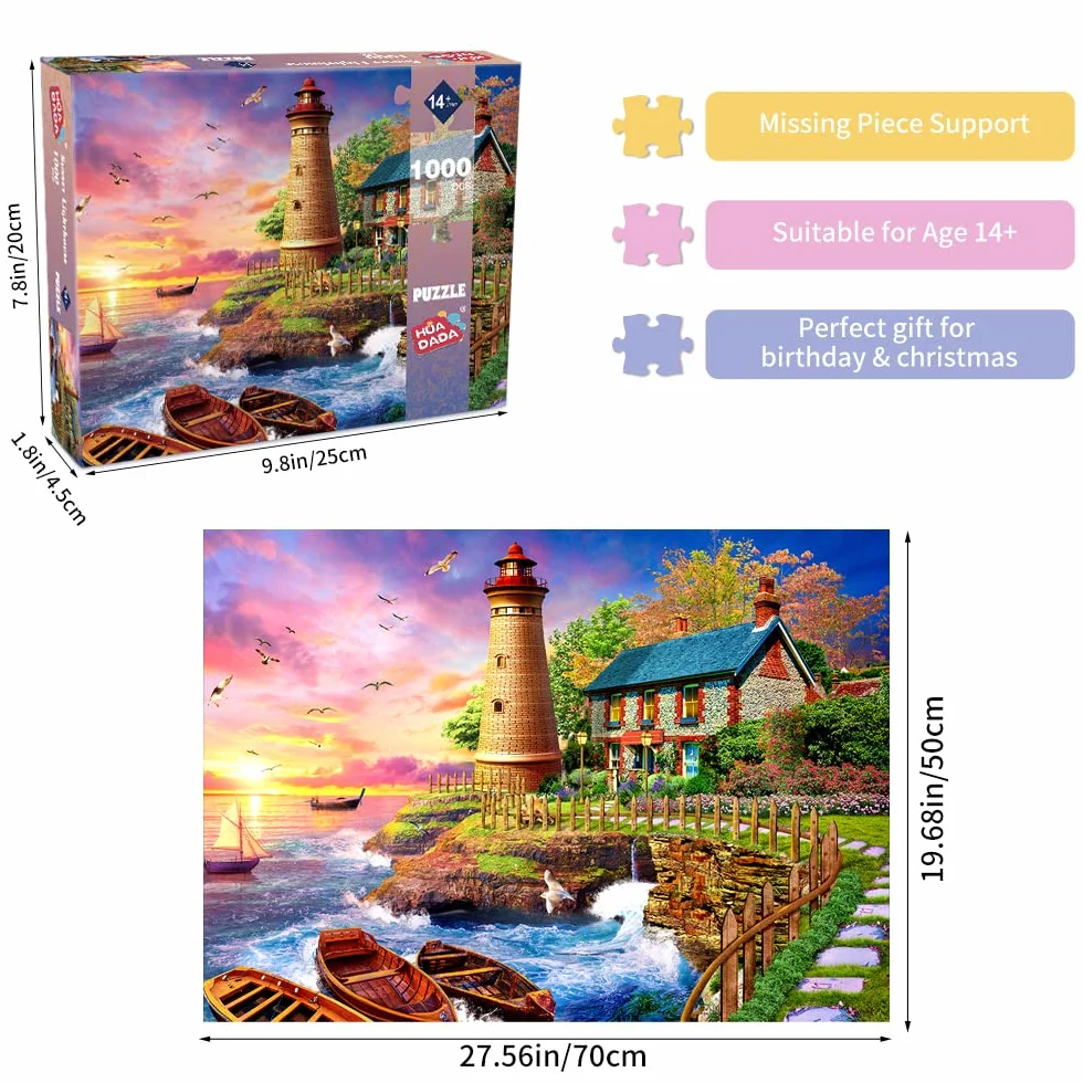 HUADADA Puzzle 1000 elementów, puzzle dla dorosłych, Impossible Puzzle, prezent, gra zręcznościowa dla całej rodziny, kolorowe, latarnia morska