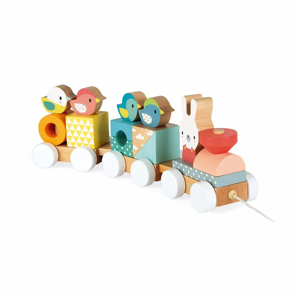 Janod - Pure Wooden Train - 2-in-1 Pull-Along Toy - Motor Skills Training and Manipulation - Water-based Paint - From 1 Year Old, J05157