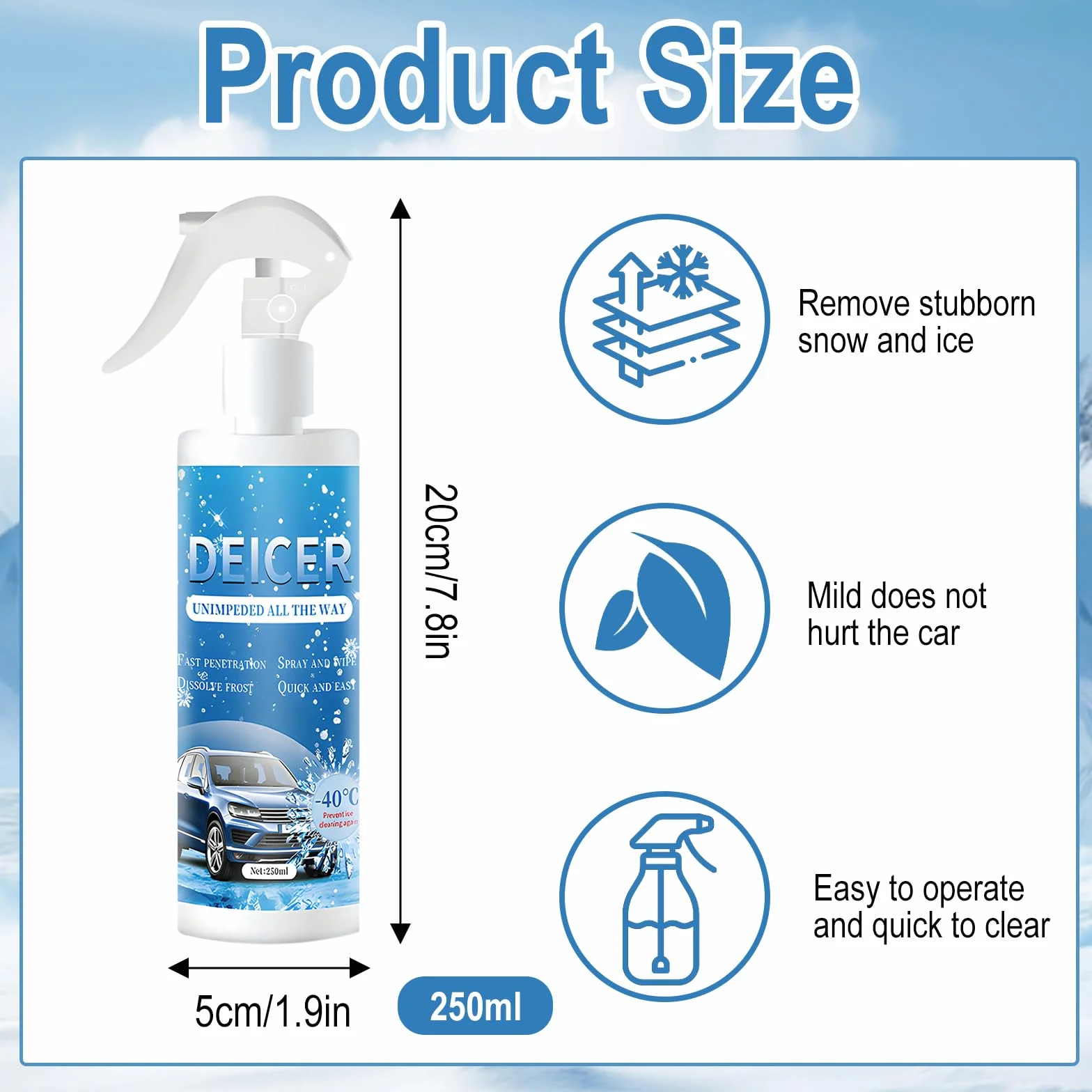 Odmrażacz szyb 250 ml, zimowy środek do usuwania lodu, spray do odmrażania samochodu, zapewnia dobrą widoczność i może być stosowany do usuwania śniegu z przedniej szyby, lusterek