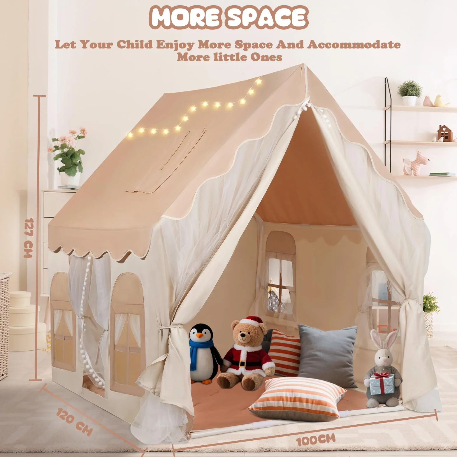 snookids Namiot dziecięcy do użytku wewnątrz – domek do zabawy dla dzieci z matą, światełkami, tęczowymi zawieszkami i flagą gwiazd, namiot do zabawy, namiot tipi dla dzieci, dekoracja pokoju