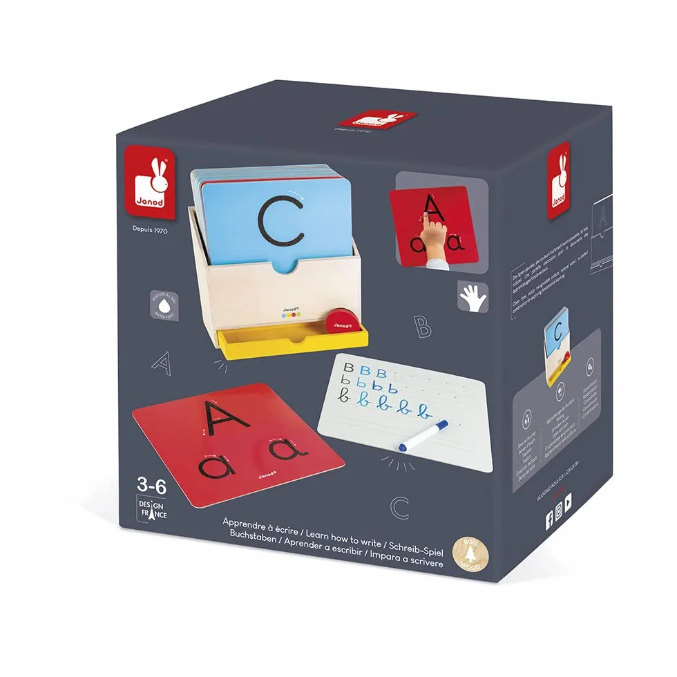 Janod - Essential - Learn to Write - Wooden Early Learning Educational Game - Teaches Letters and Reading - Water-Based Paint - from 3 Years, J05074, 9.1 x 3.1 x 9.6 inches