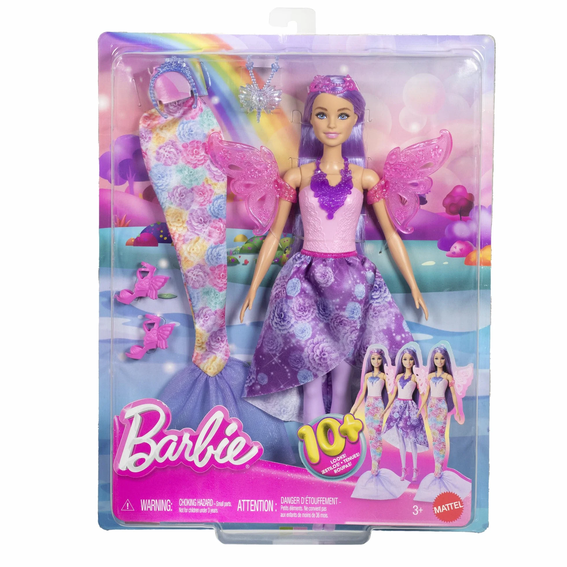 Barbie Baśniowe przebieranki Lalka, ubranka i akcesoria Zestaw z lalką i 8 akcesoriami, w tym ogonem syrenki, skrzydełkami wróżki, naszyjnikami i bucikami do stworzenia ponad 10 stylizacji, JCP74