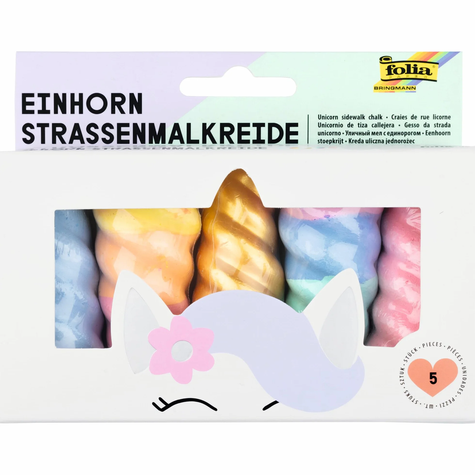 folia 380509 - Kreda jednorożec dla dzieci, 5 sztuk w tęczowych kolorach, kreda jednorożec w kształcie rogu