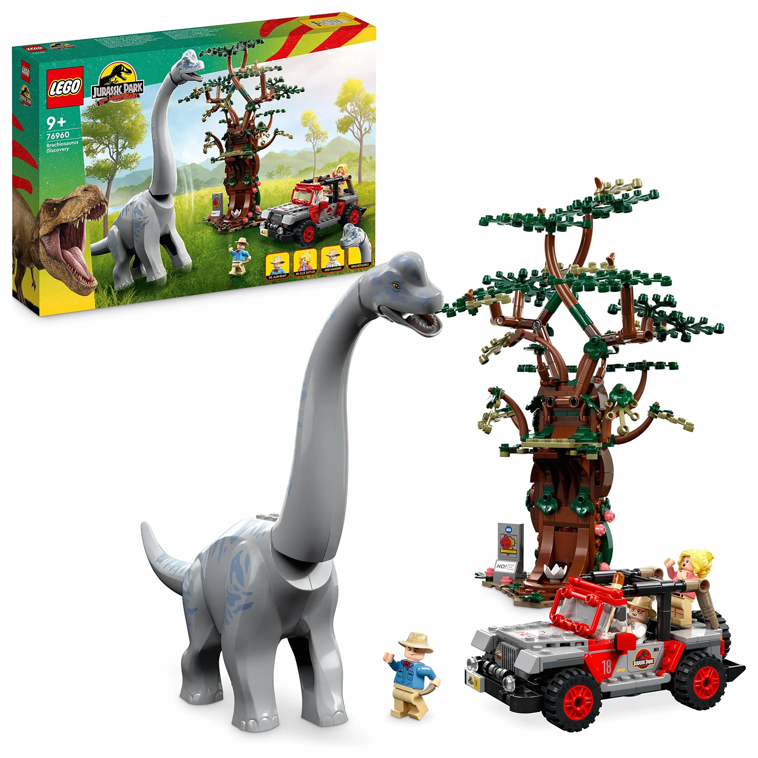 LEGO 76960 Jurassic World Odkrycie brachiozaura, zestaw z dużą figurką dinozaura, drzewem i Jeepem do zbudowania, prezent dla chłopców i dziewczynek, zabawka z okazji 30. rocznicy „Parku Jurajskiego”