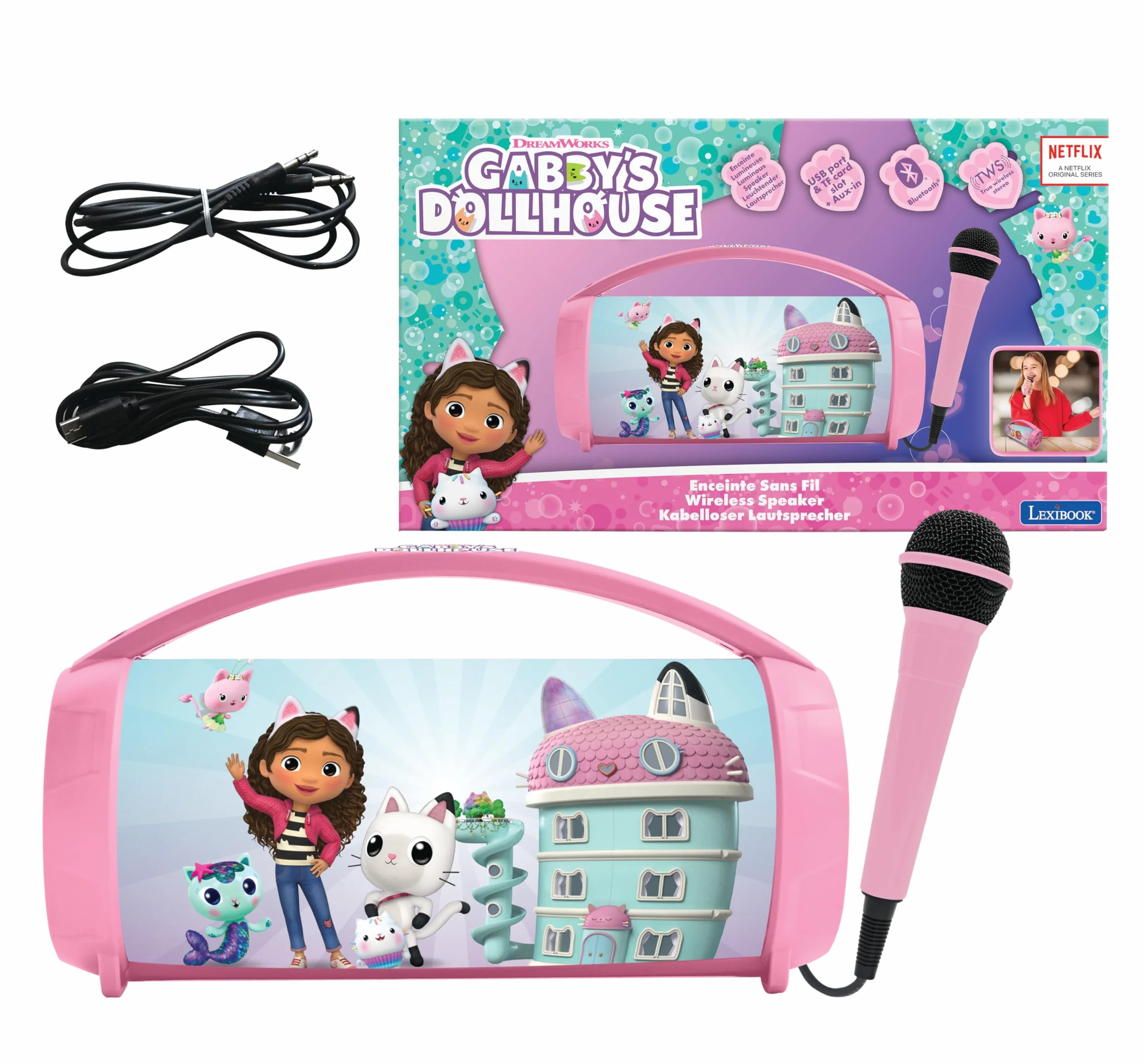 Lexibook, Koci Domek Gabi, Bezprzewodowy Lekki Głośnik z Mikrofonem, Dźwięk Stereo, Funkcja Karaoke, Porty USB i Kart SD, Akumulator, Uchwyt do Przenoszenia, Różowy, BTP585GDHZ