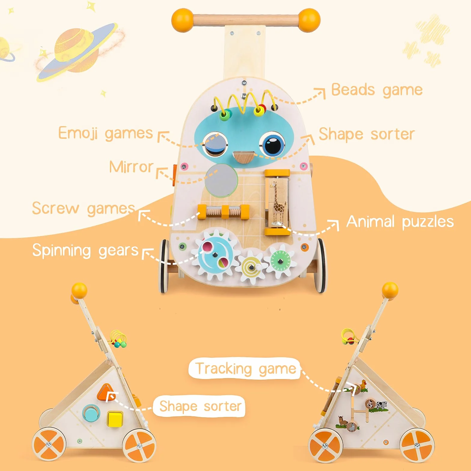 Jacootoys Drewniany chodzik z regulowaną prędkością dla maluchów, drewniany chodzik do nauki chodzenia i pchania dla chłopców, dziewczynek i dzieci w wieku 1, 2 i 3 lat