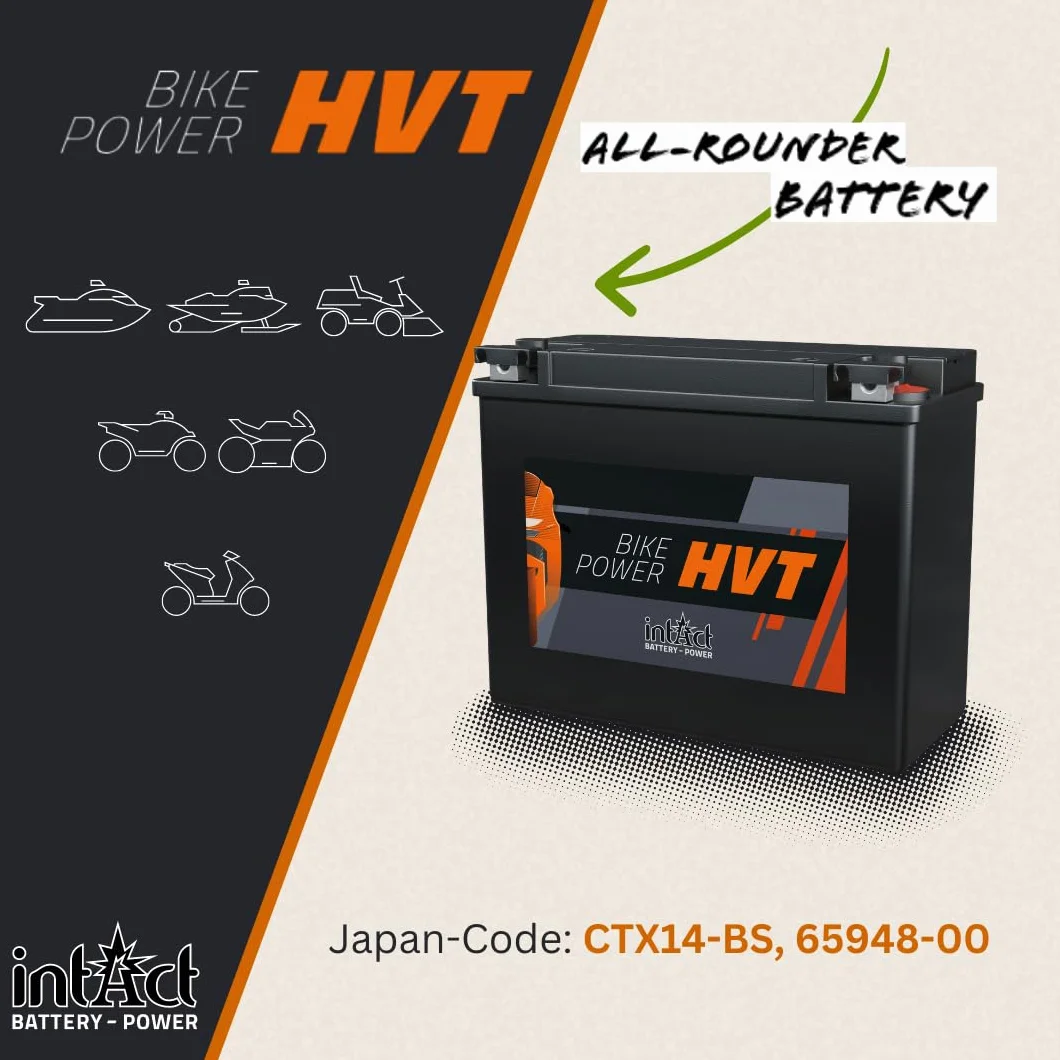intAct Bike-Power HVT-08, CTX14-BS, 12V 14 Ah, 250 A (EN), Odporny na wibracje i wytrzymały akumulator motocyklowy AGM, Bezobsługowy akumulator AGM