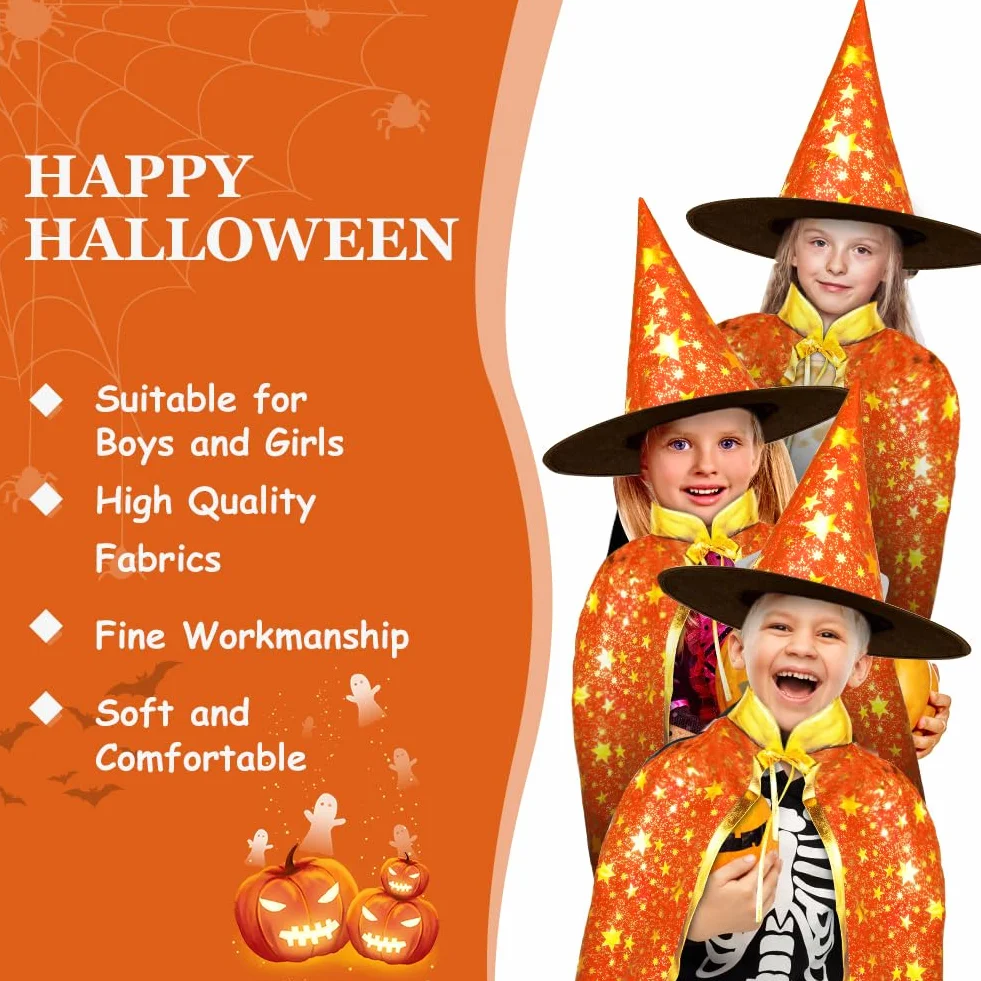 Peleryna czarodzieja, płaszcz czarownicy, dla dzieci, kostium czarownicy, płaszcz i kapelusze dla dzieci, kostium na Halloween, rekwizyty, kostium ze złotymi gwiazdami, dla dzieci, dziewcząt, na