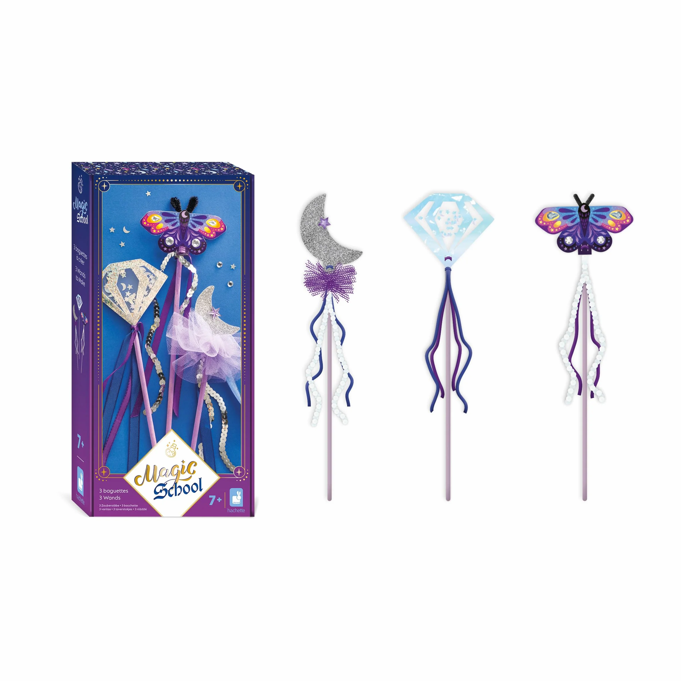 Janod School-3 Create Wands-Kids Activity-Arts & Crafts Kit - ze wstążkami, cekinami i nicią szenilową - magiczny wszechświat - zestaw dla dzieci w wieku 3 +, J09136, wielokolorowy