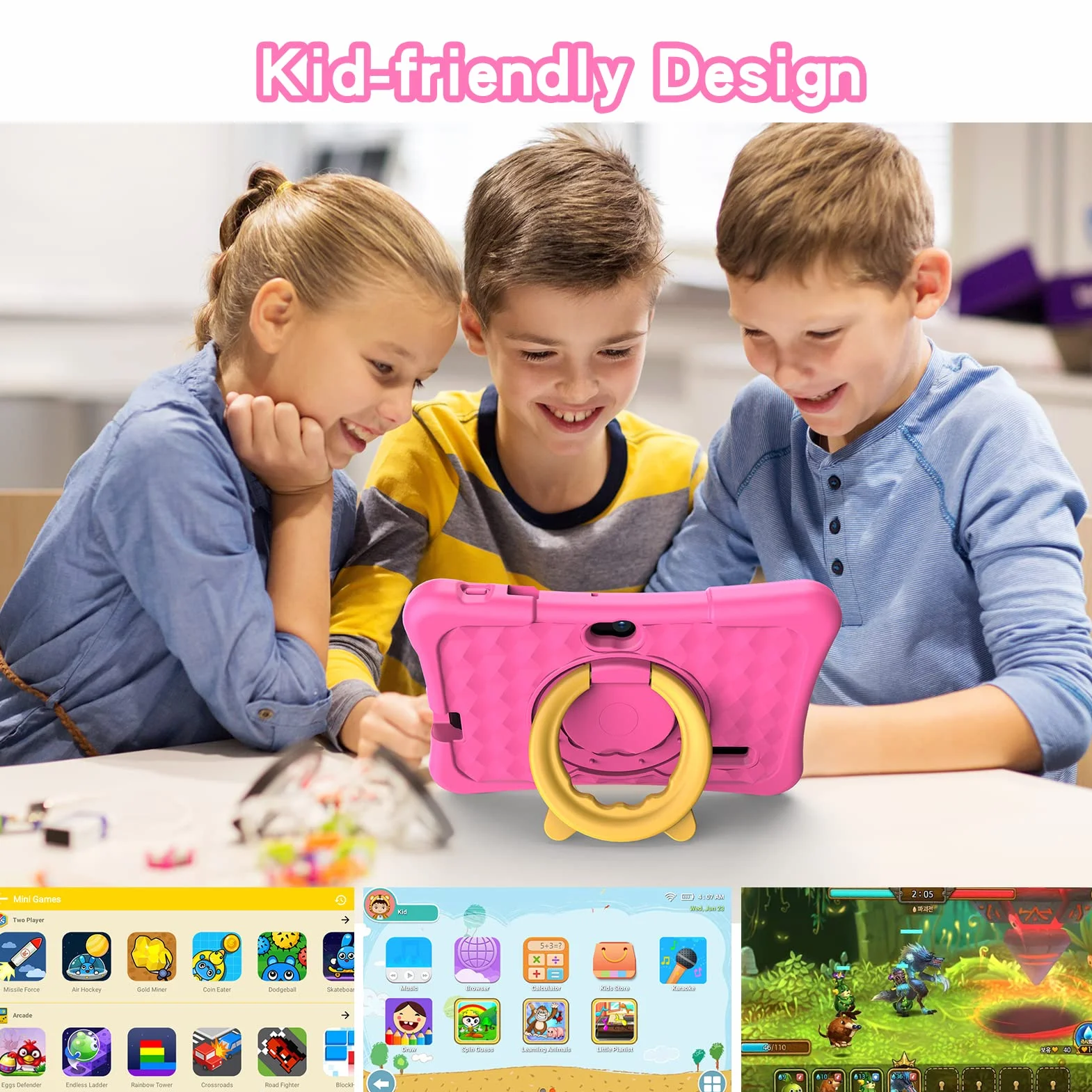 Pritom 7-calowy tablet dla dzieci, z systemem Android 11, Quad Core, 2 GB RAM, 32 GB ROM, BT, Wi-Fi, podwójny aparat, edukacja, gry, zabezpieczenie przed dziećmi, fabrycznie zainstalowane oprogramowanie dla dzieci w etui na tablet, typ C, różowy